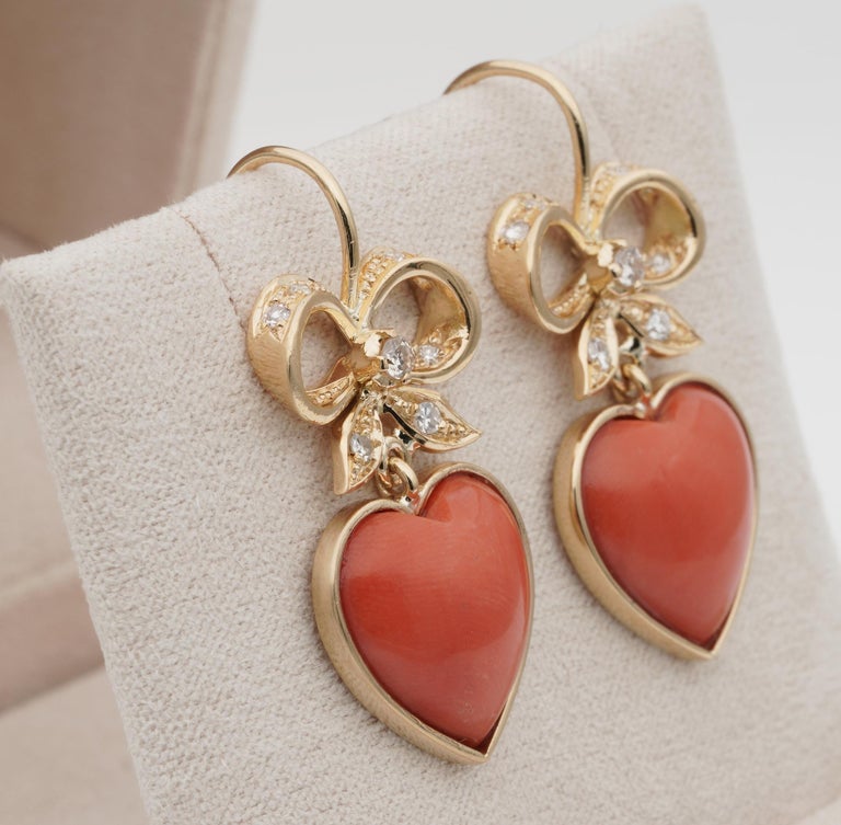 Charming Vintage Coral Bow Heart Diamond Drop Earrings For Sale at 1stDibs