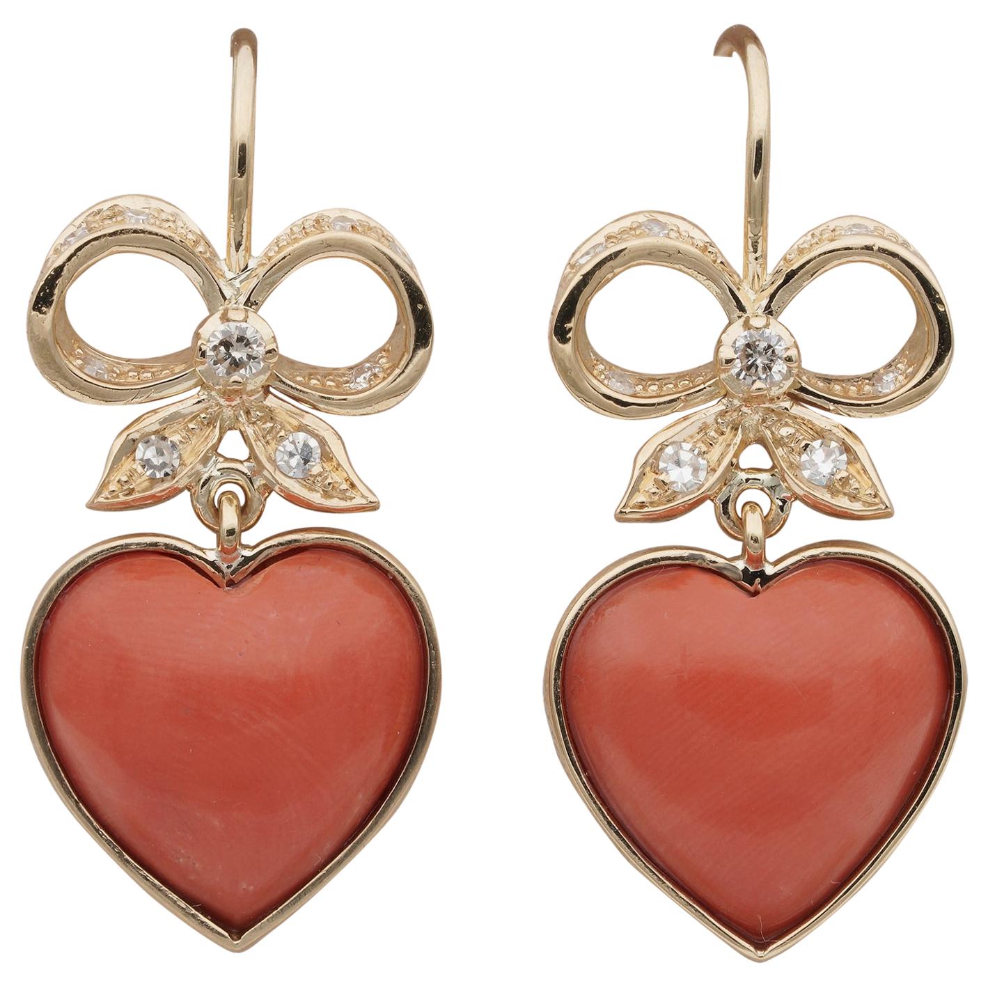 Charming Vintage Coral Bow Heart Diamond Drop Earrings For Sale