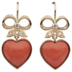 Charming Vintage Coral Bow Heart Diamond Drop Earrings