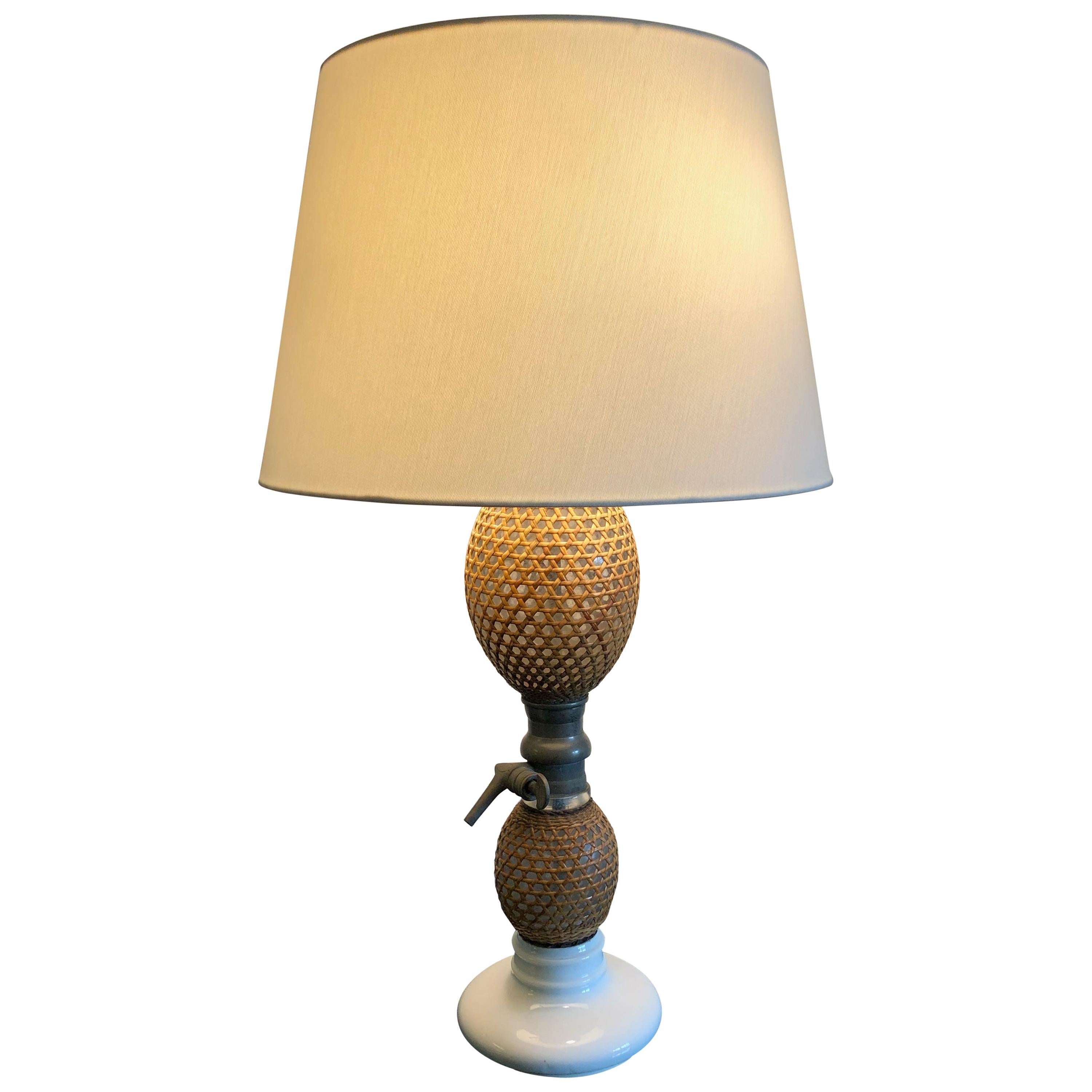 Charming Vintage French Rattan Covered Glass Seltzer Bottle Lamp For At 1stdibs Charming Vintage French Rattan Covered, Milk Jug Glass Table Lamp