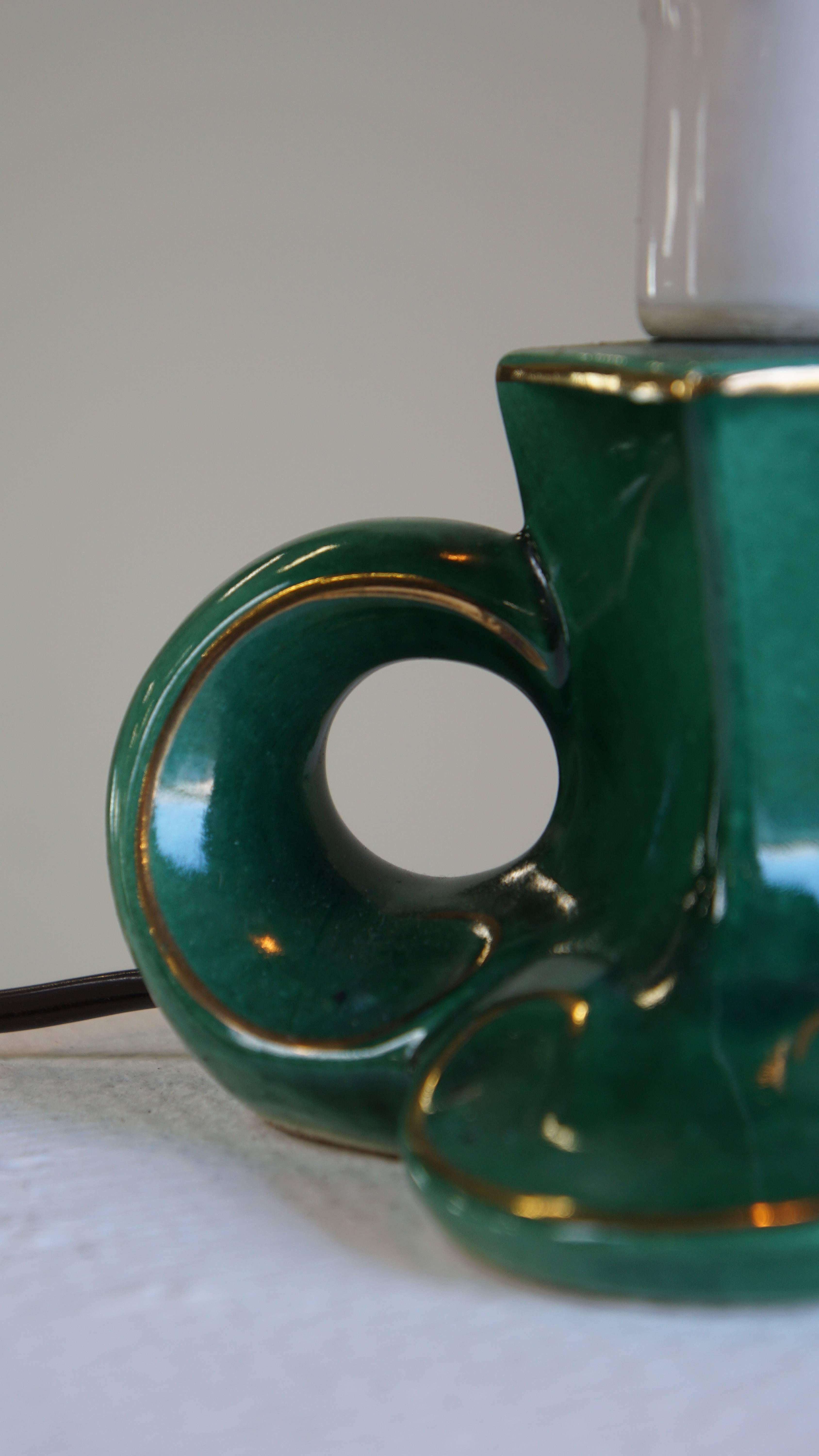 Classical Roman Charming Vintage Green Ceramic French Lamp with Gold Accents For Sale