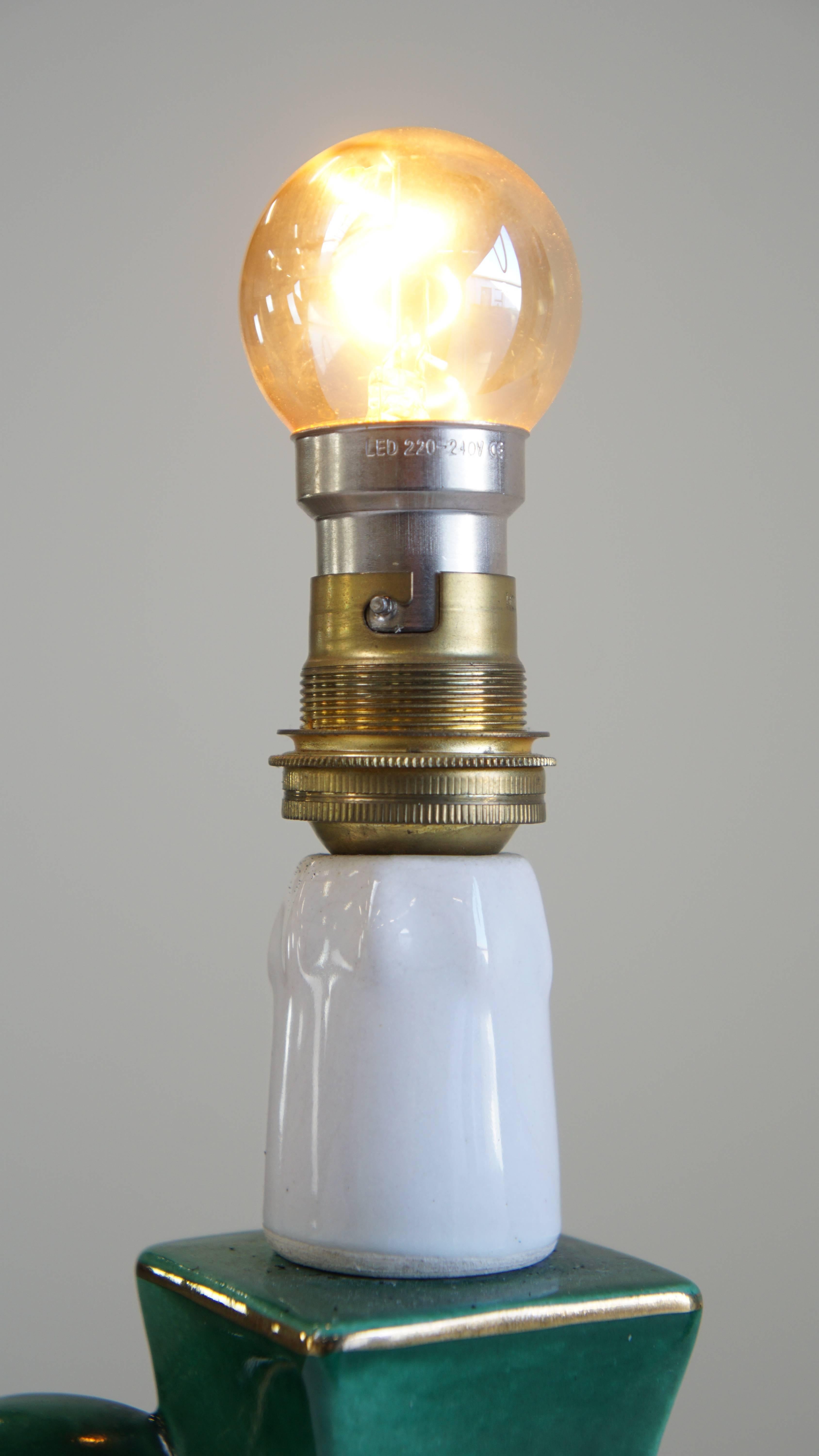 Hand-Crafted Charming Vintage Green Ceramic French Lamp with Gold Accents For Sale