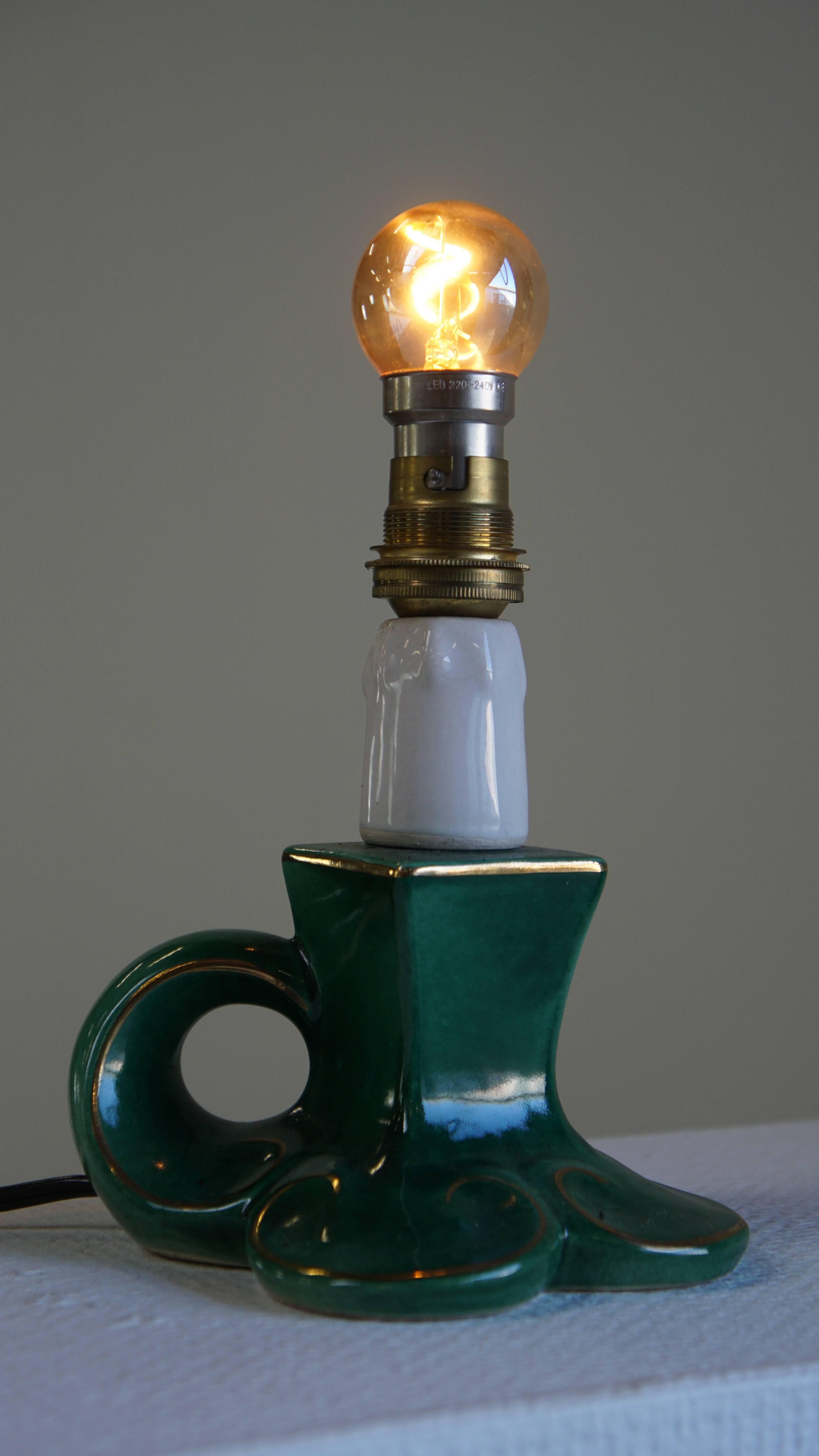 20th Century Charming Vintage Green Ceramic French Lamp with Gold Accents For Sale