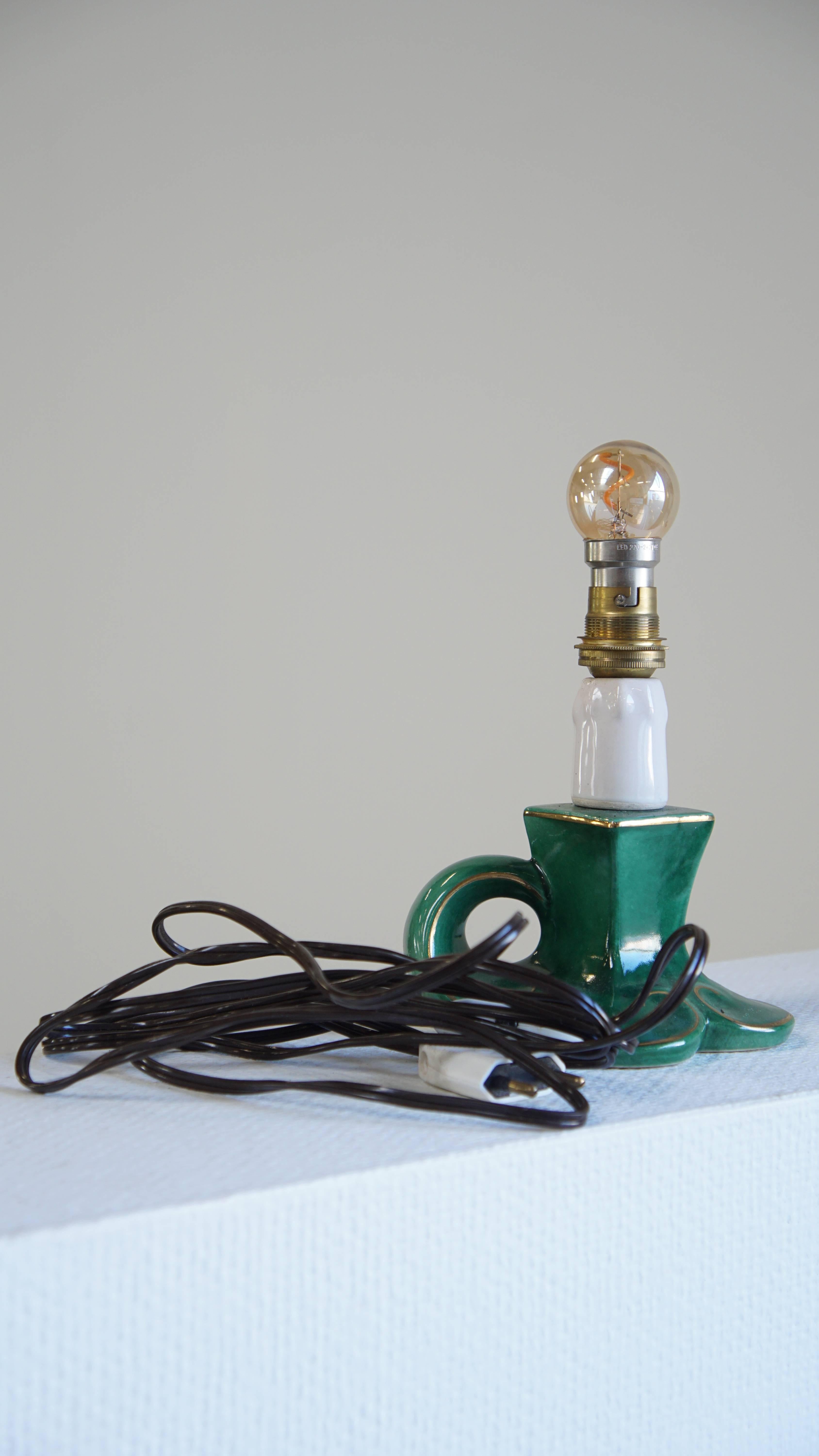 Charming Vintage Green Ceramic French Lamp with Gold Accents For Sale 2