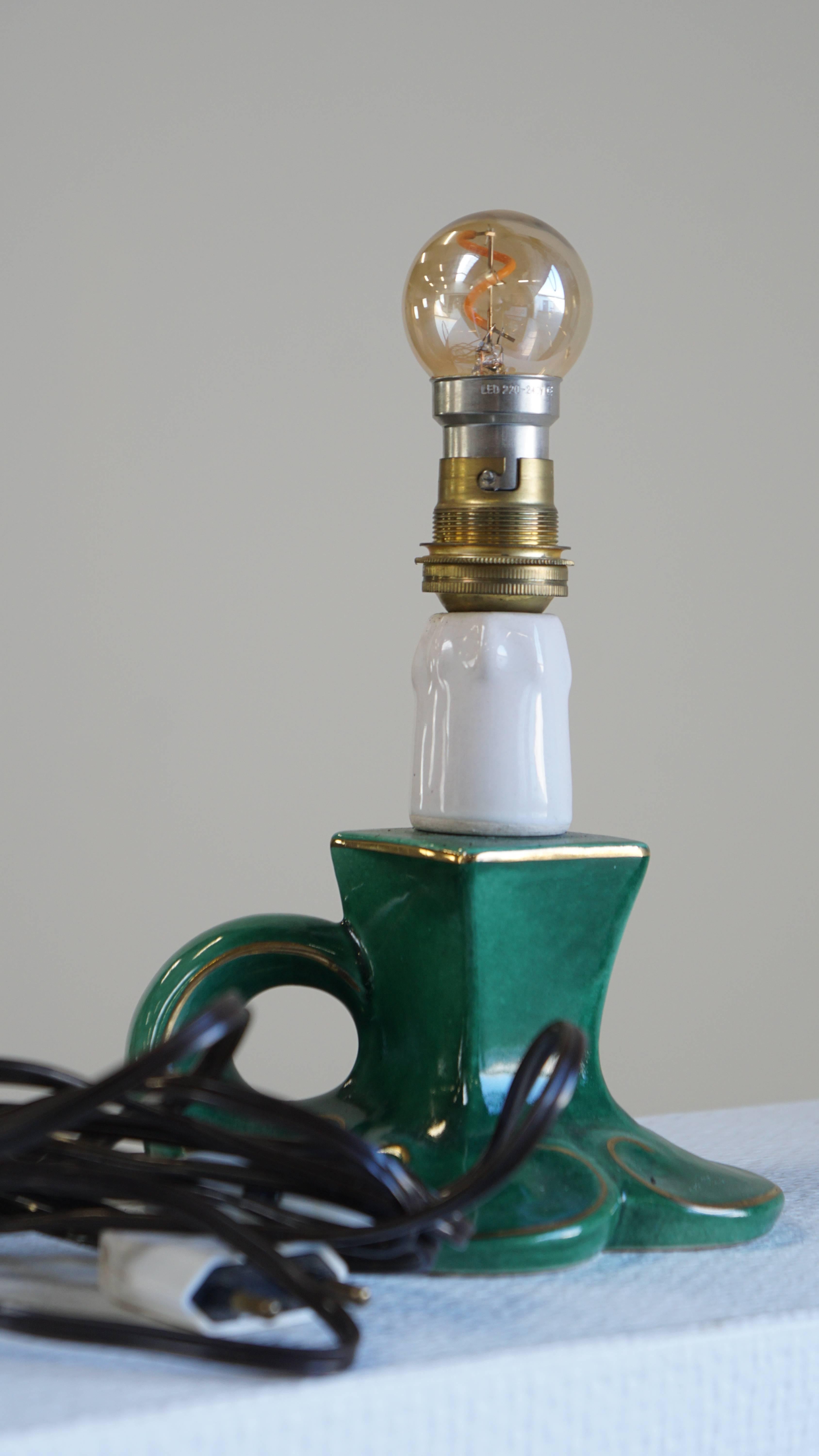 Charming Vintage Green Ceramic French Lamp with Gold Accents For Sale 3