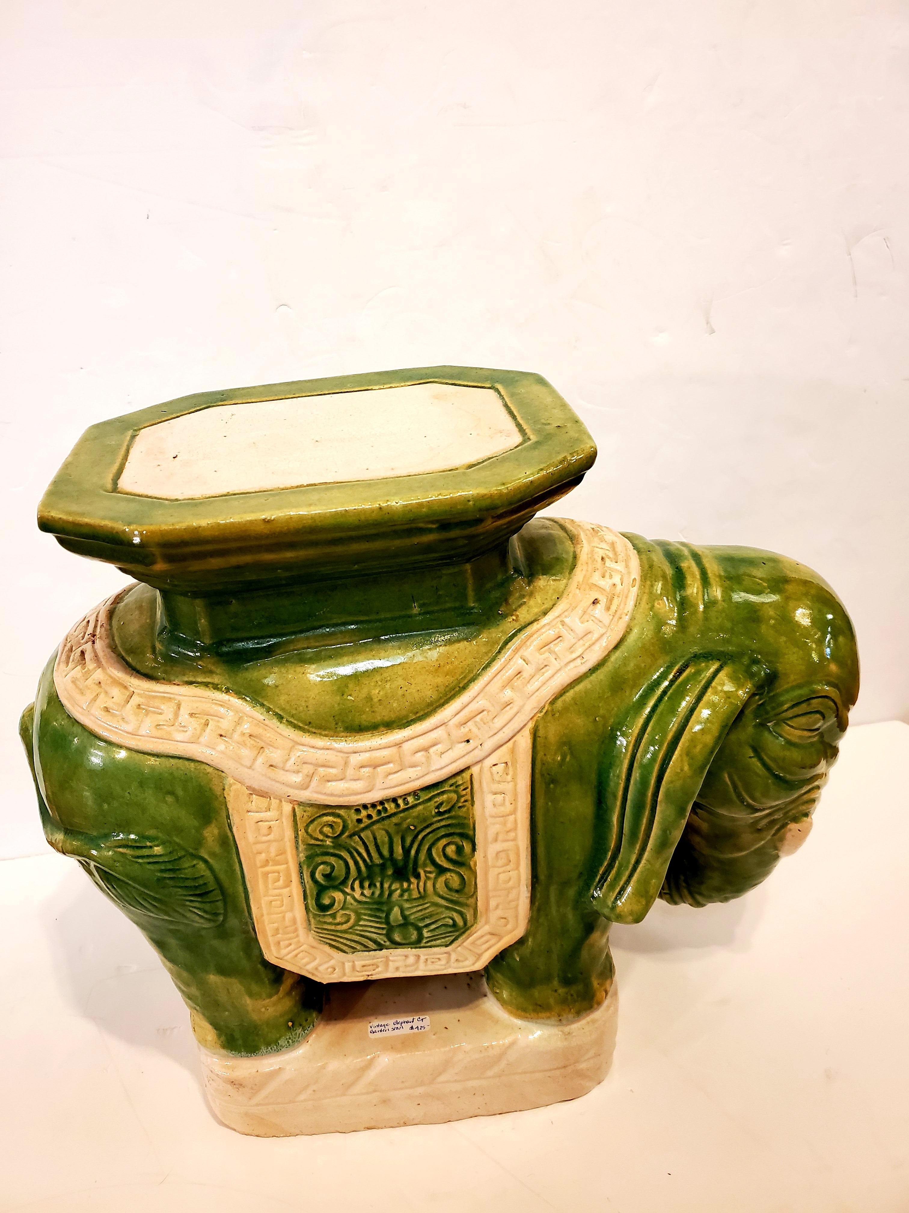 North American Charming Vintage Green & White Elephant Garden Seat End Table