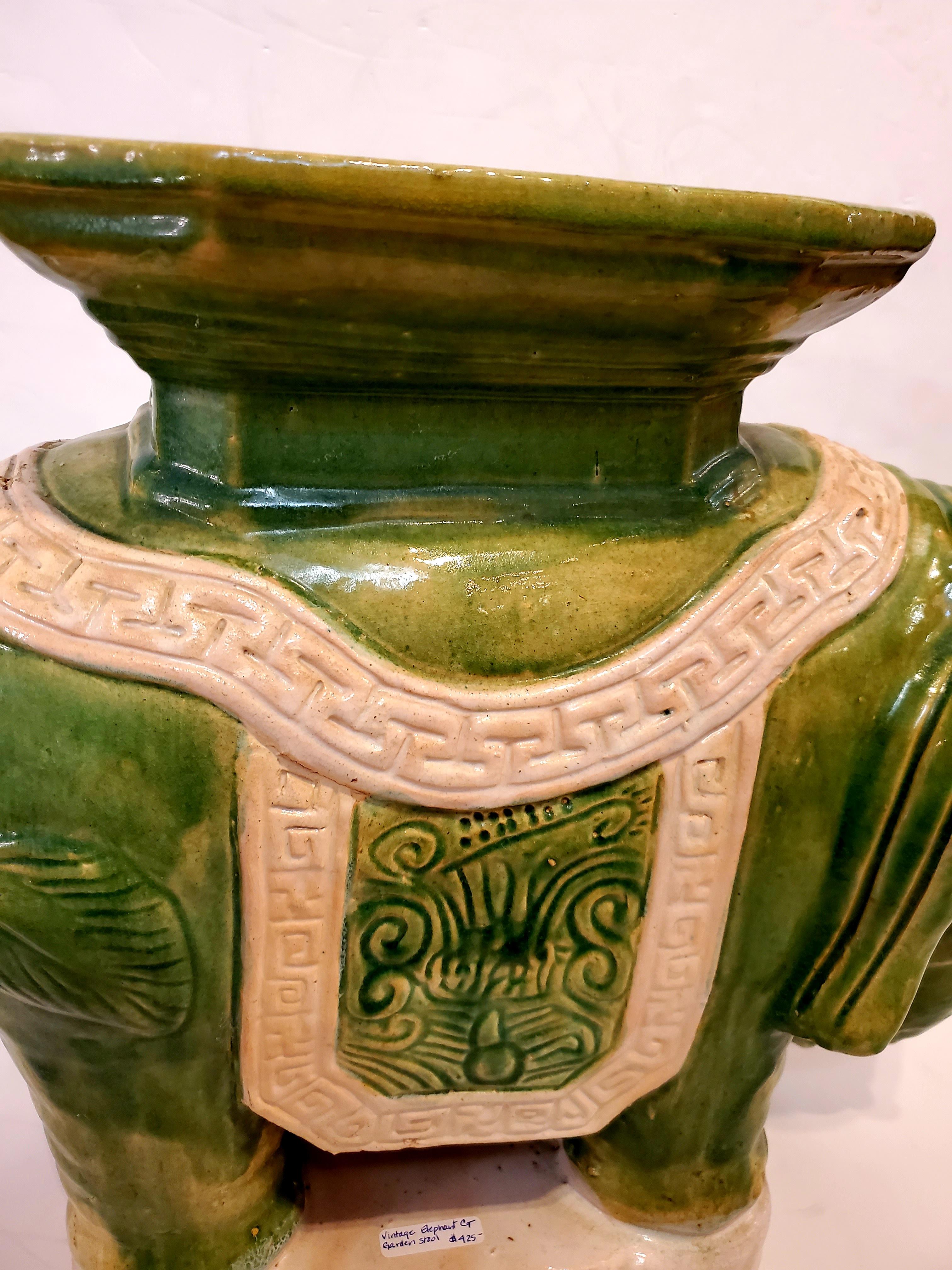 Ceramic Charming Vintage Green & White Elephant Garden Seat End Table