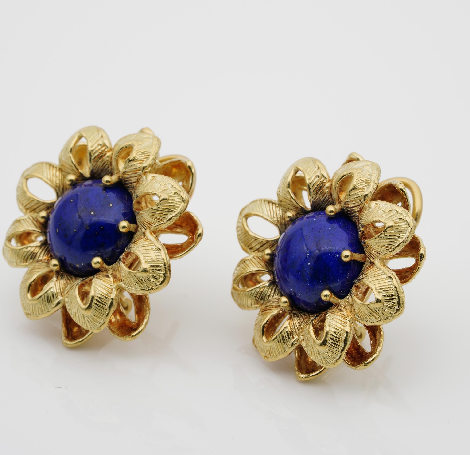 Contemporary Charming Vintage Lapis Large Flower Earring For Sale