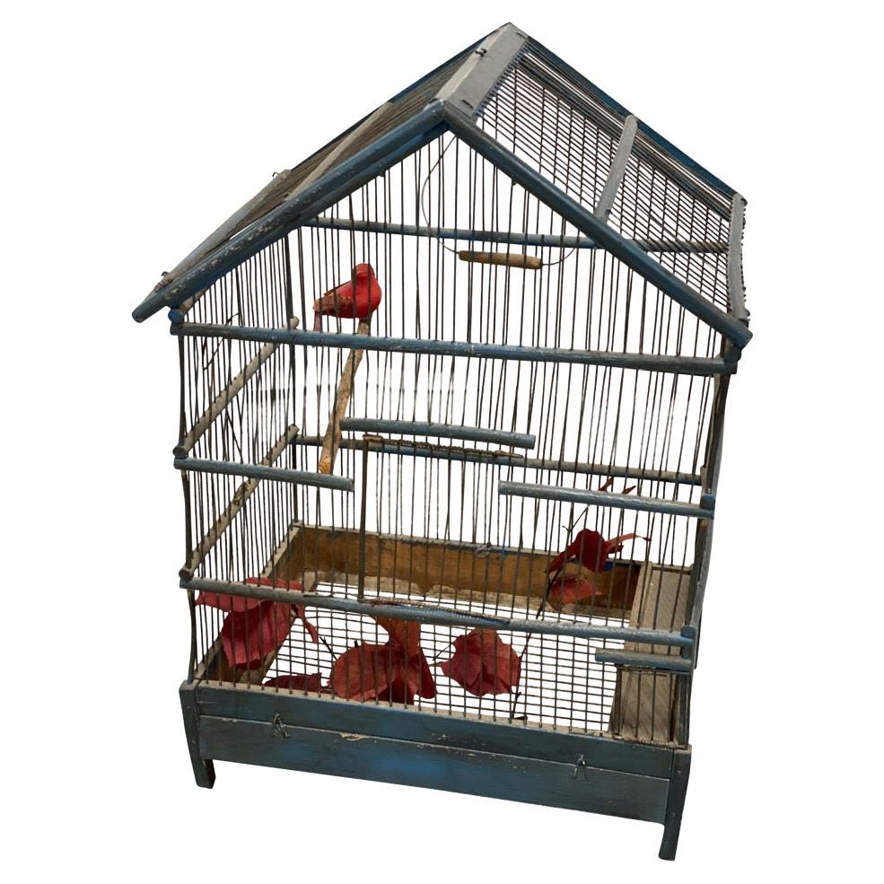 Charmante cage à oiseaux vintage en bois peint
