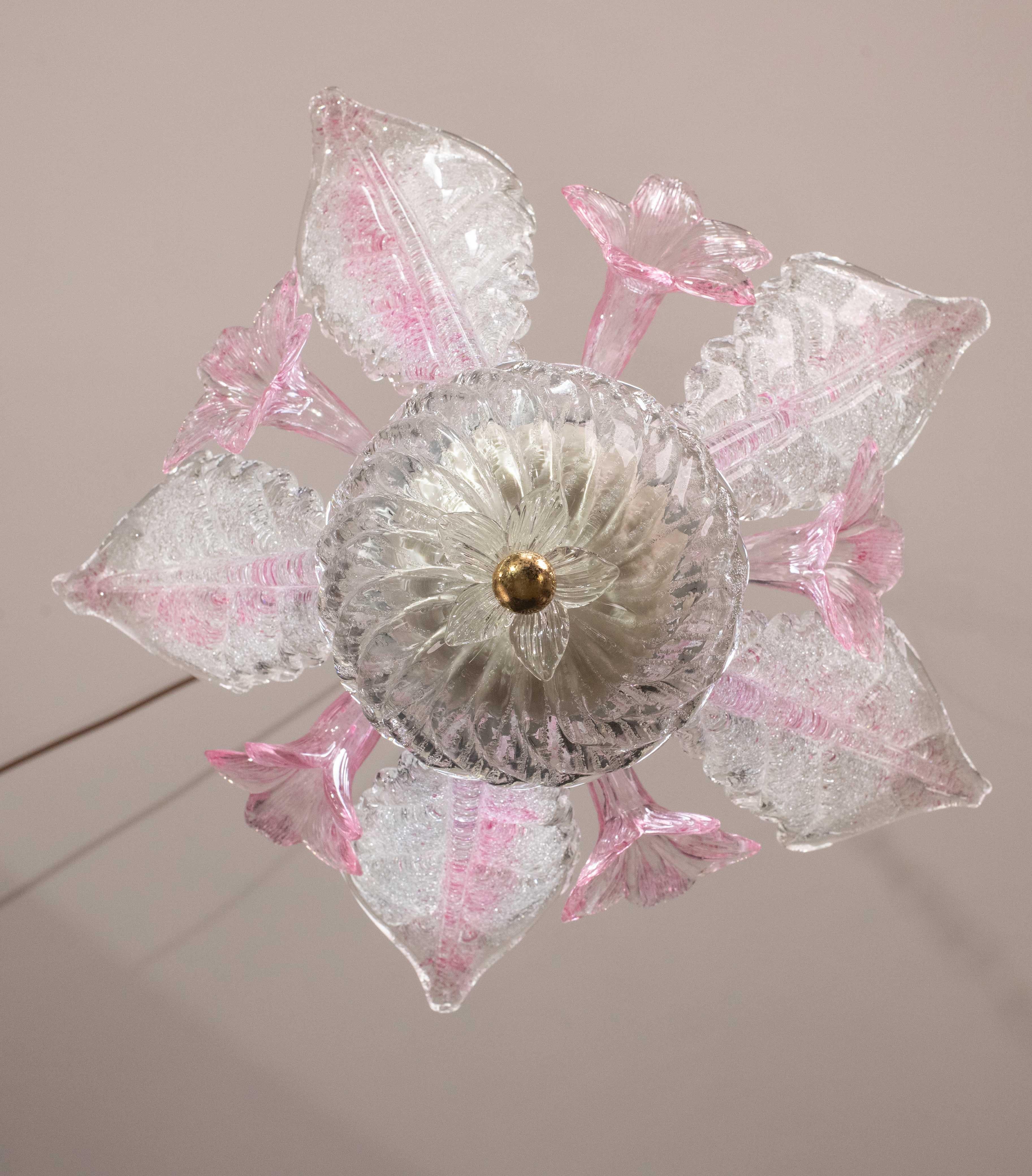 European Charming Vintage Pink Flowers Murano Chandelier, 1970 For Sale