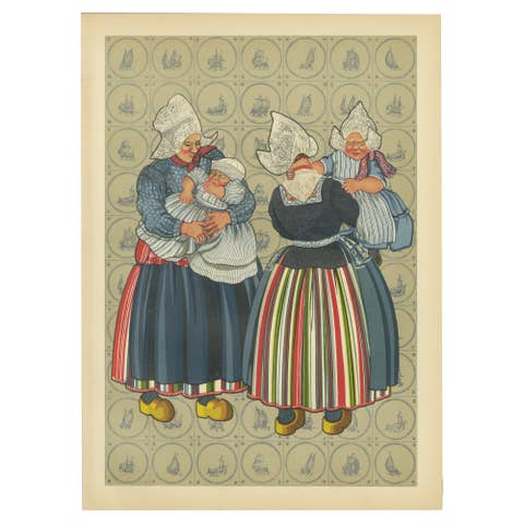 Charming Vintage Print – Women & Children of Volendam in Traditional Dress, 1932