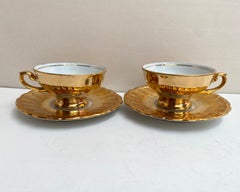 Encantador juego vintage de 2 tazas de café y platillos dorados, Baviera, Alemania, años 50