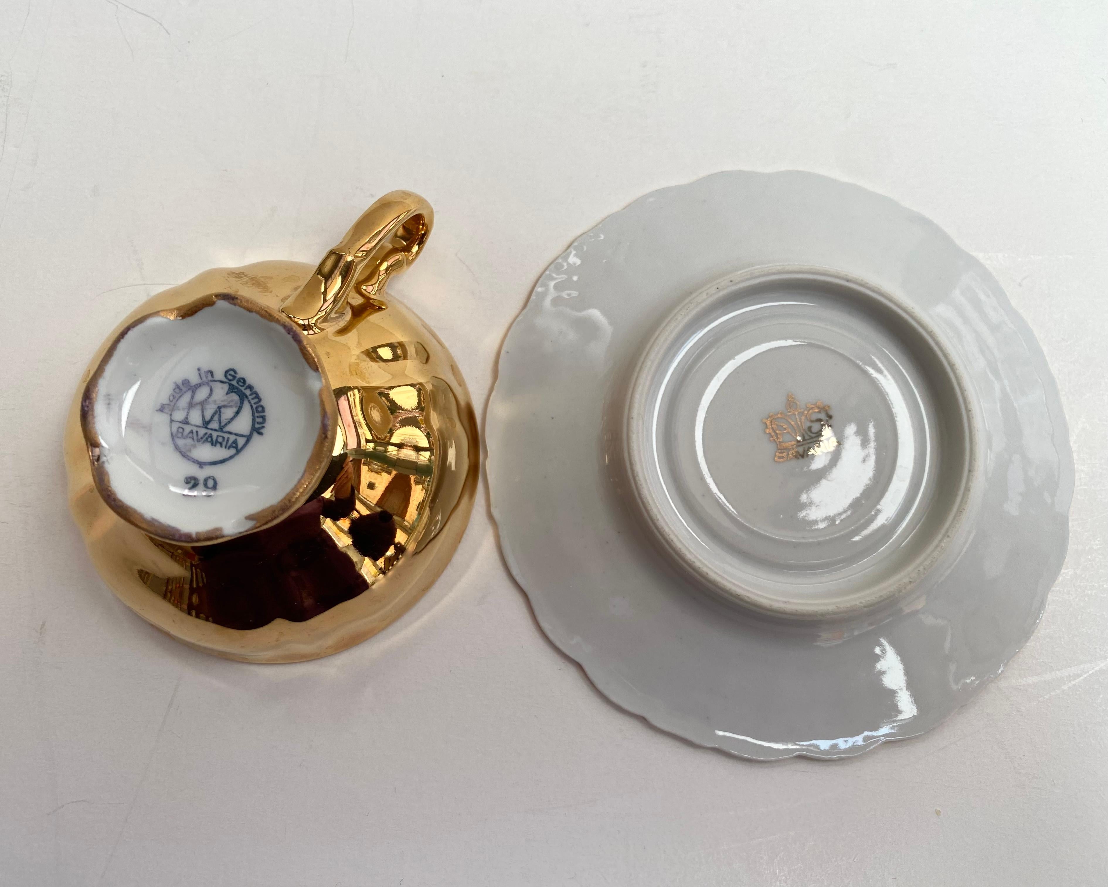 Rococo Charming Vintage Set of 2 Gold Coffee Cups and Saucers, Bavaria, Germany, 1950s