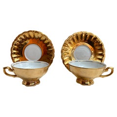 Charming Retro Set of 2 Gold Coffee Cups and Saucers, Bavaria, Germany, 1950s