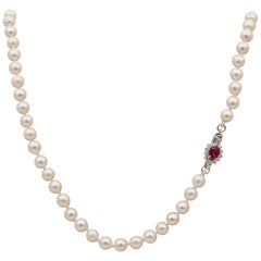 Charming Vintage Single Strand Japanese Pearl Necklace with Ruby Diamond Clasp