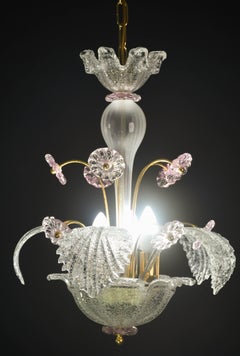 Charming Vintage Venetian Chandelier, Pink Flower Murano Glass, 1970s