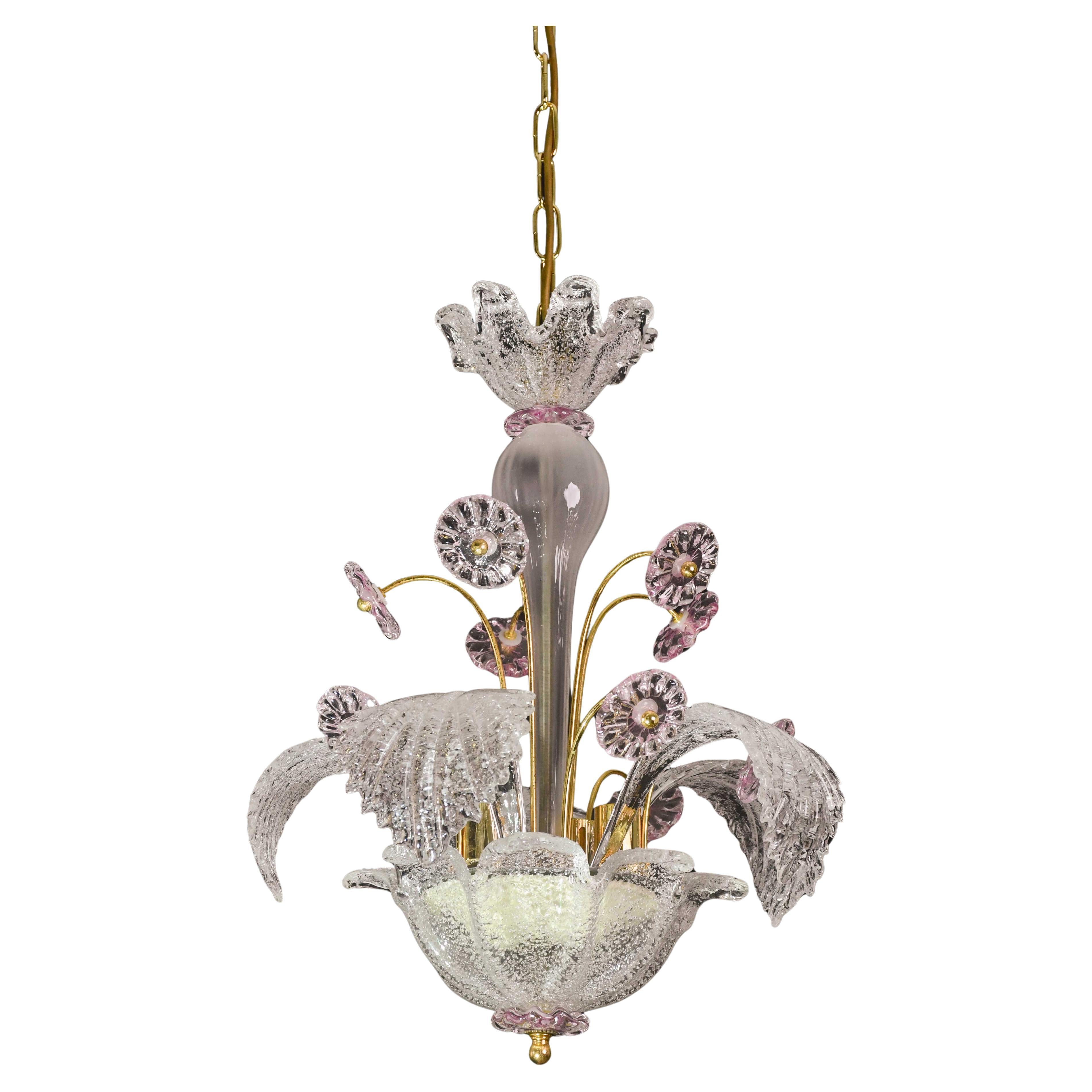 Charming Vintage Venetian Chandelier, Pink Flower Murano Glass, 1970s