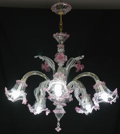 Incantevole lampadario veneziano d'epoca, vetro di Murano rosa, anni '50