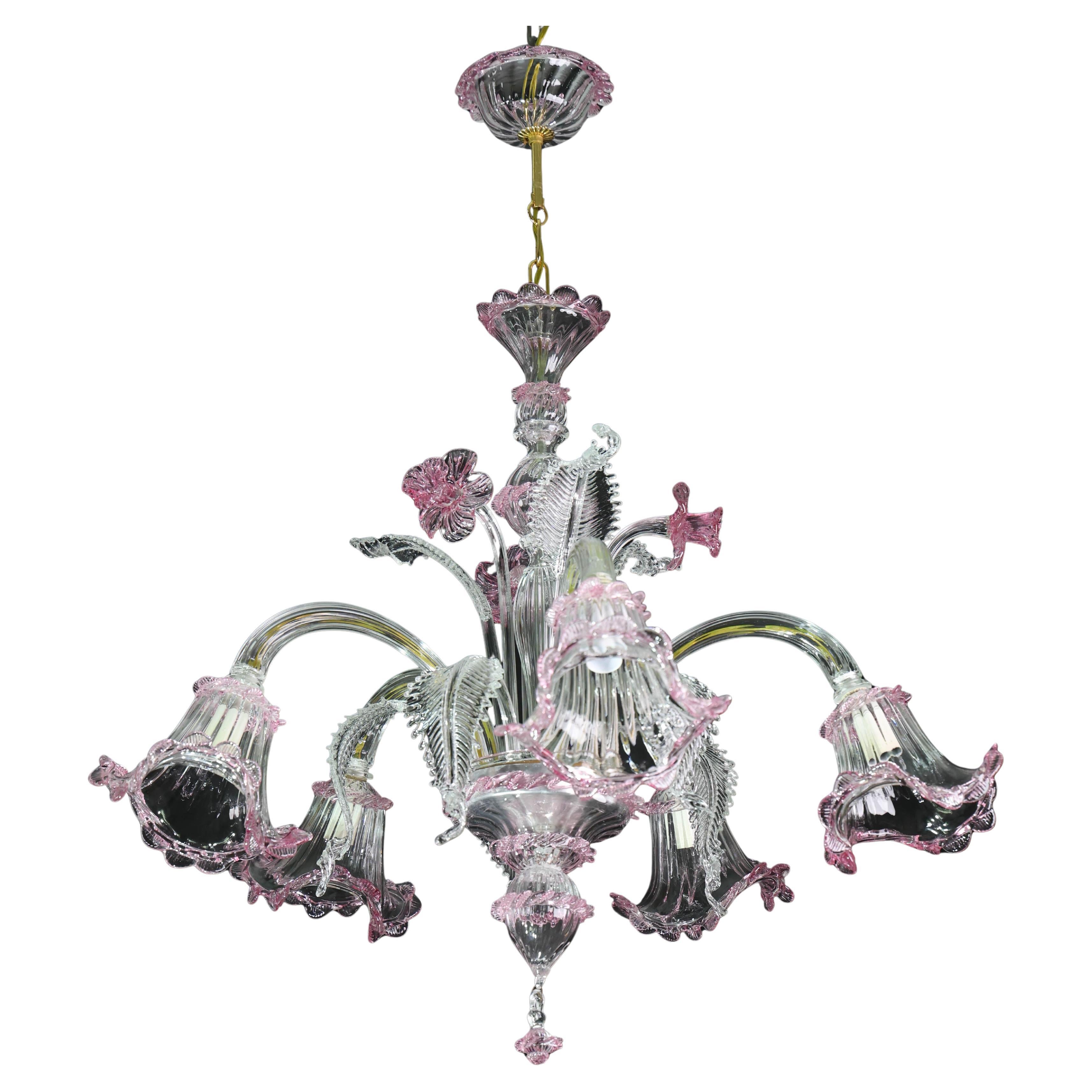 Charmant lustre vénitien vintage, verre de Murano rose, années 1950