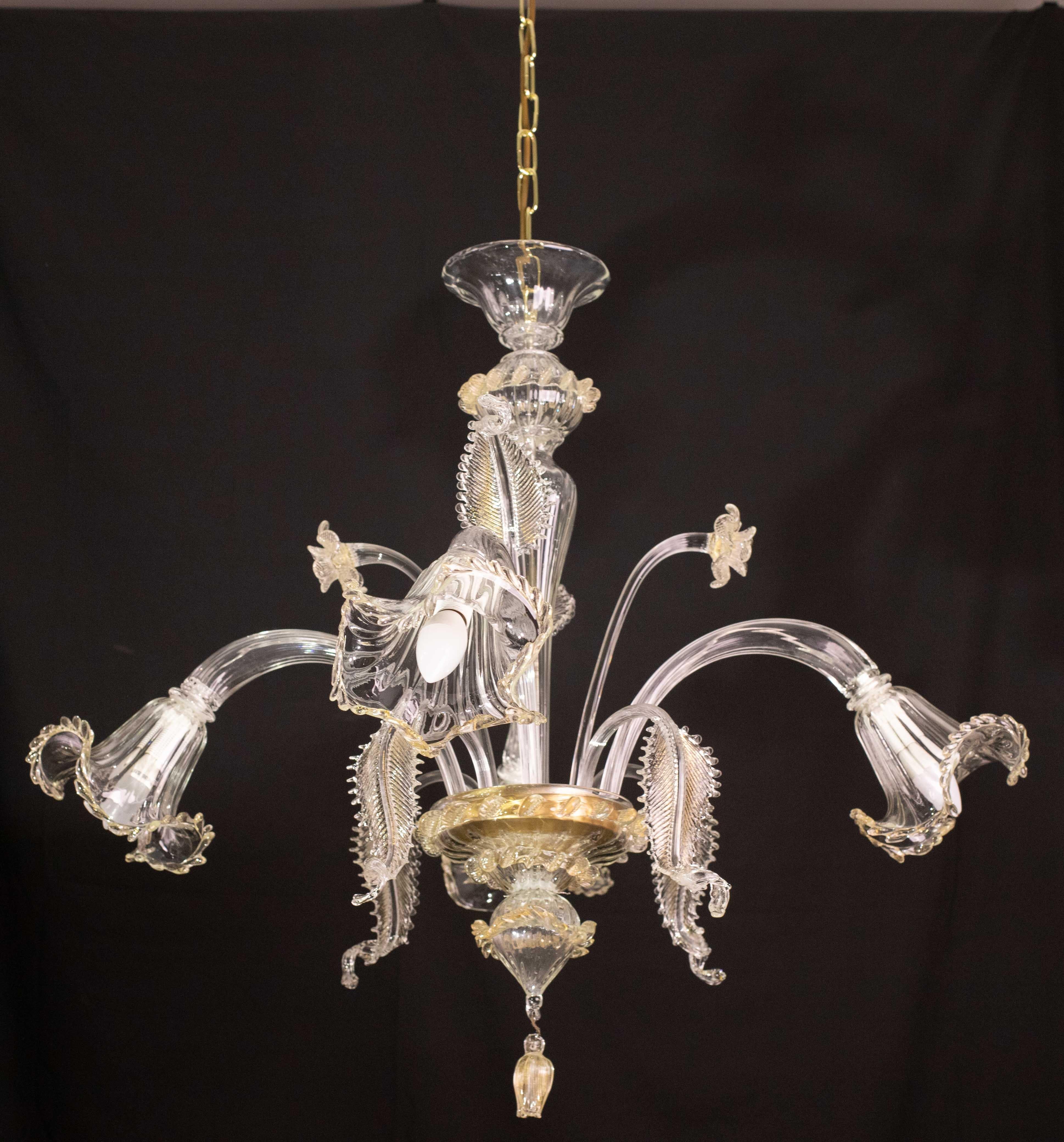 Charmant lustre vénitien vintage, verre de Murano transparent et doré, années 1970 en vente 7