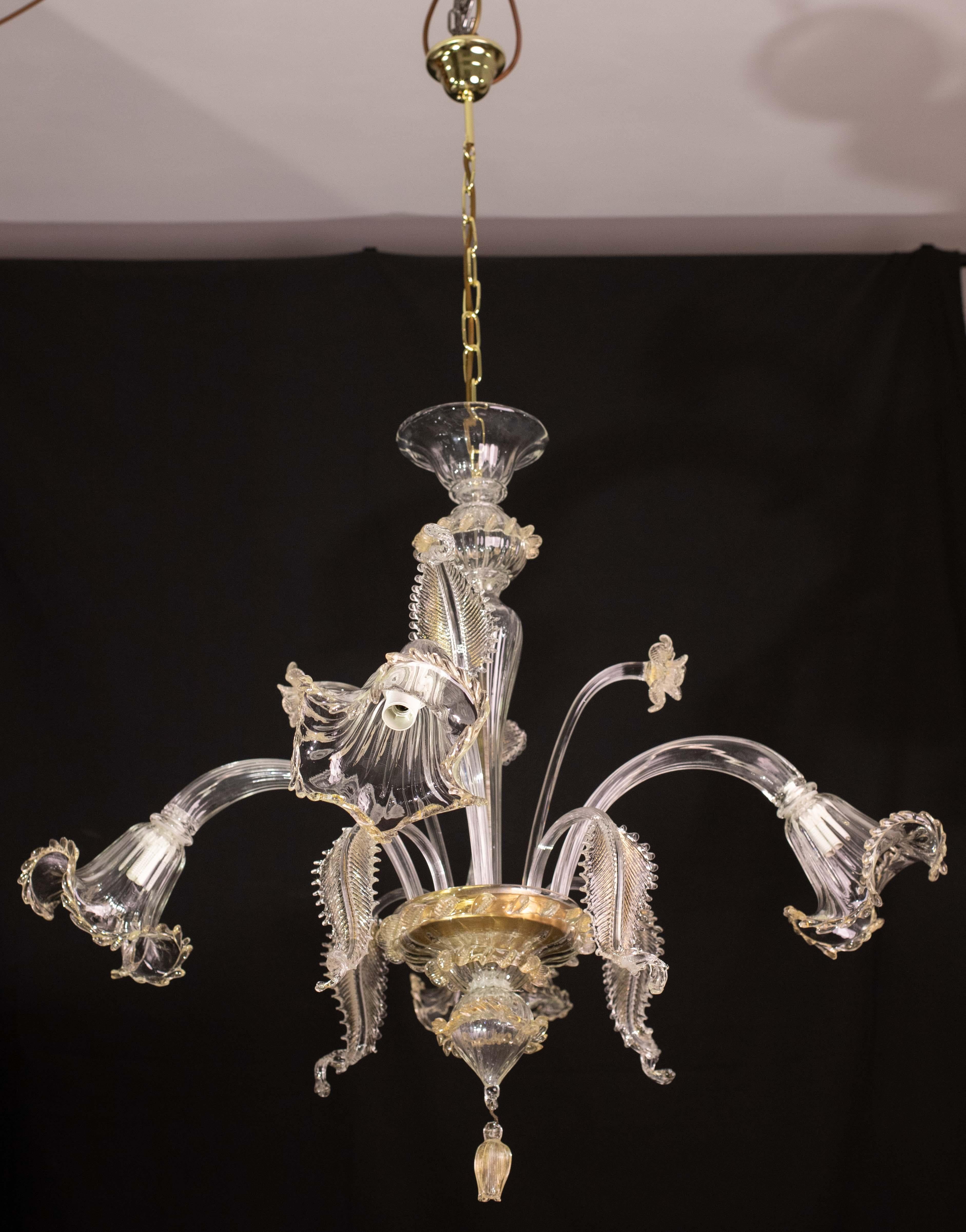 Charmant lustre vénitien vintage, verre de Murano transparent et doré, années 1970 en vente 10