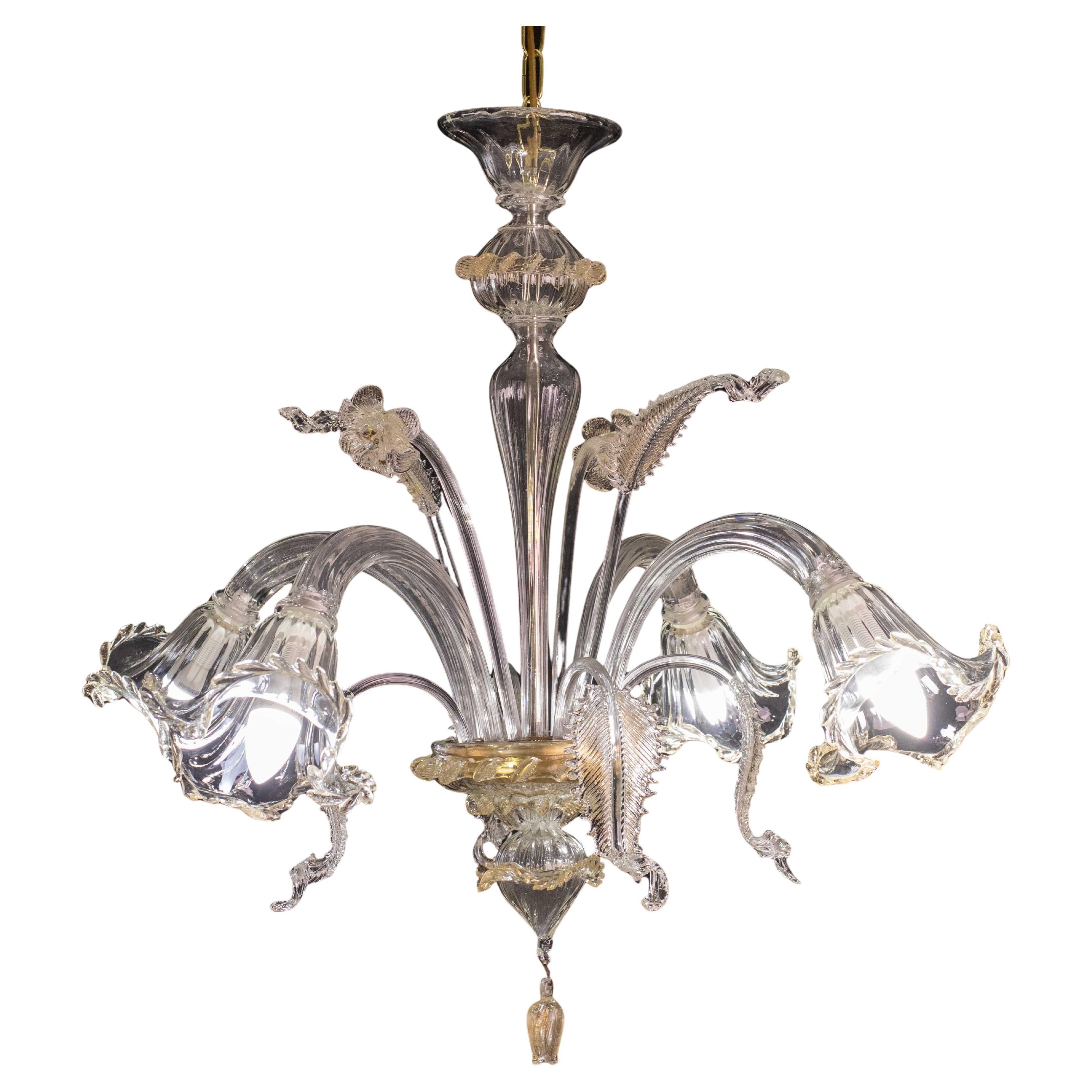Charmant lustre vénitien vintage, verre de Murano transparent et doré, années 1970 en vente