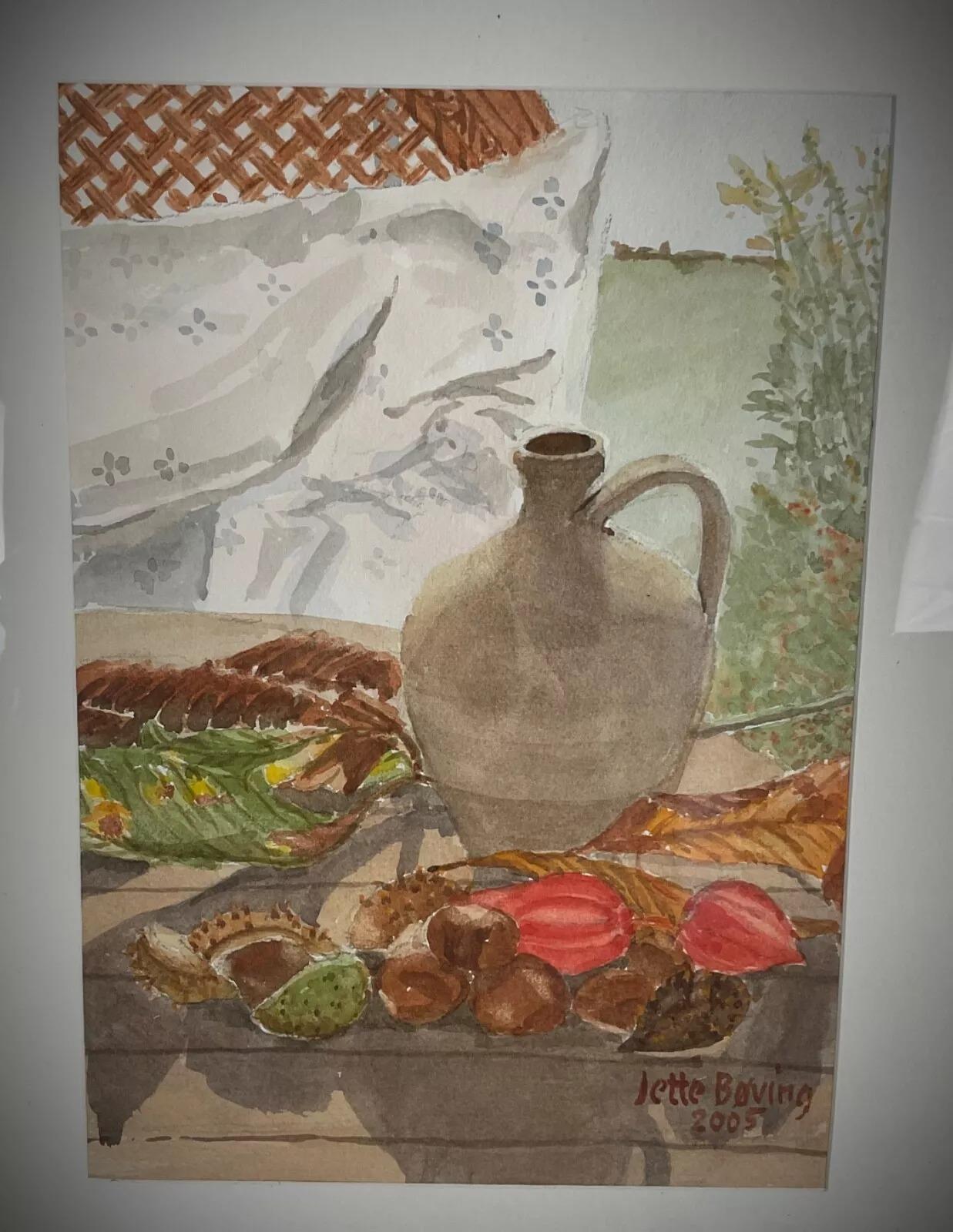 XXIe siècle et contemporain Charmante nature morte à l'aquarelle de Jette Boving, encadrée et signée - 2Y430 en vente