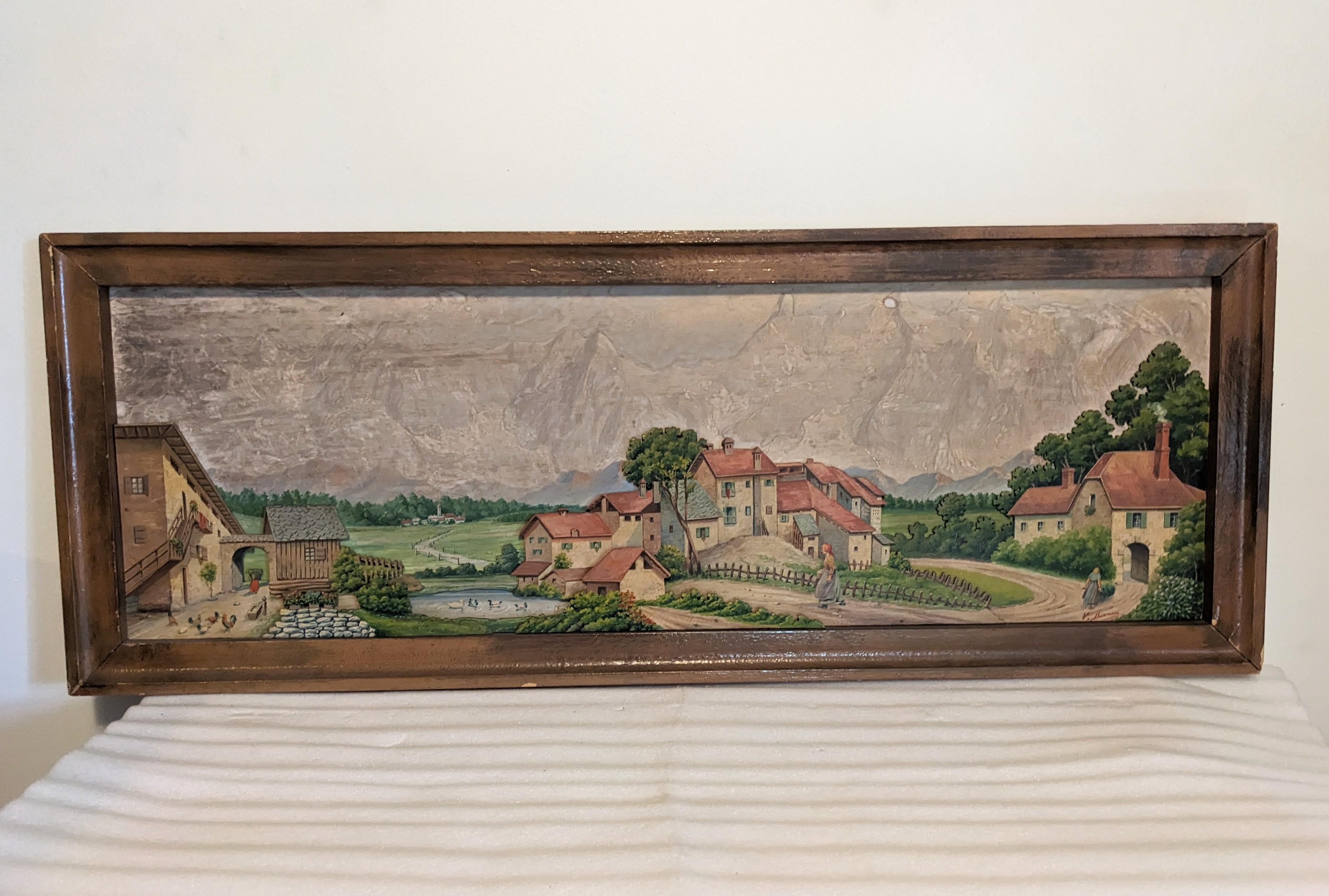 Charming Decoartive Watercolor Village Scene pastoral scene of layered  panels. Possibly an Italian or Swiss village scene set below mountain peaks with cut panels (like homes and greenery) which are overpainted for added dimension. 1950's European.