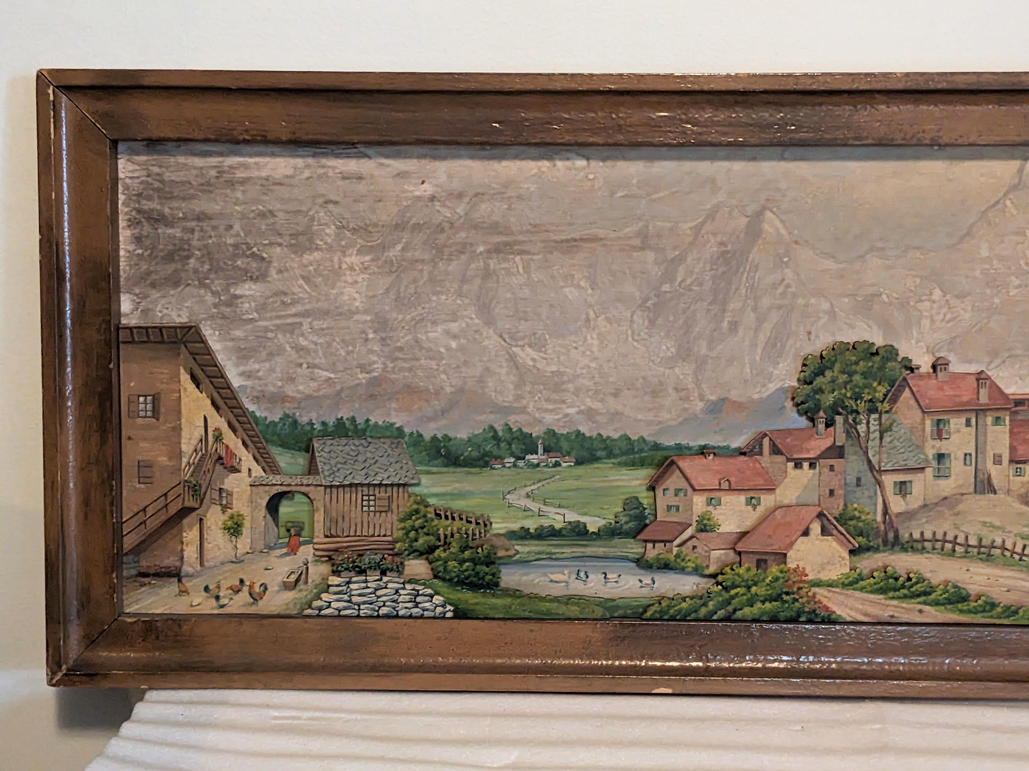 Mid-Century Modern Charming Watercolor Village Scene For Sale