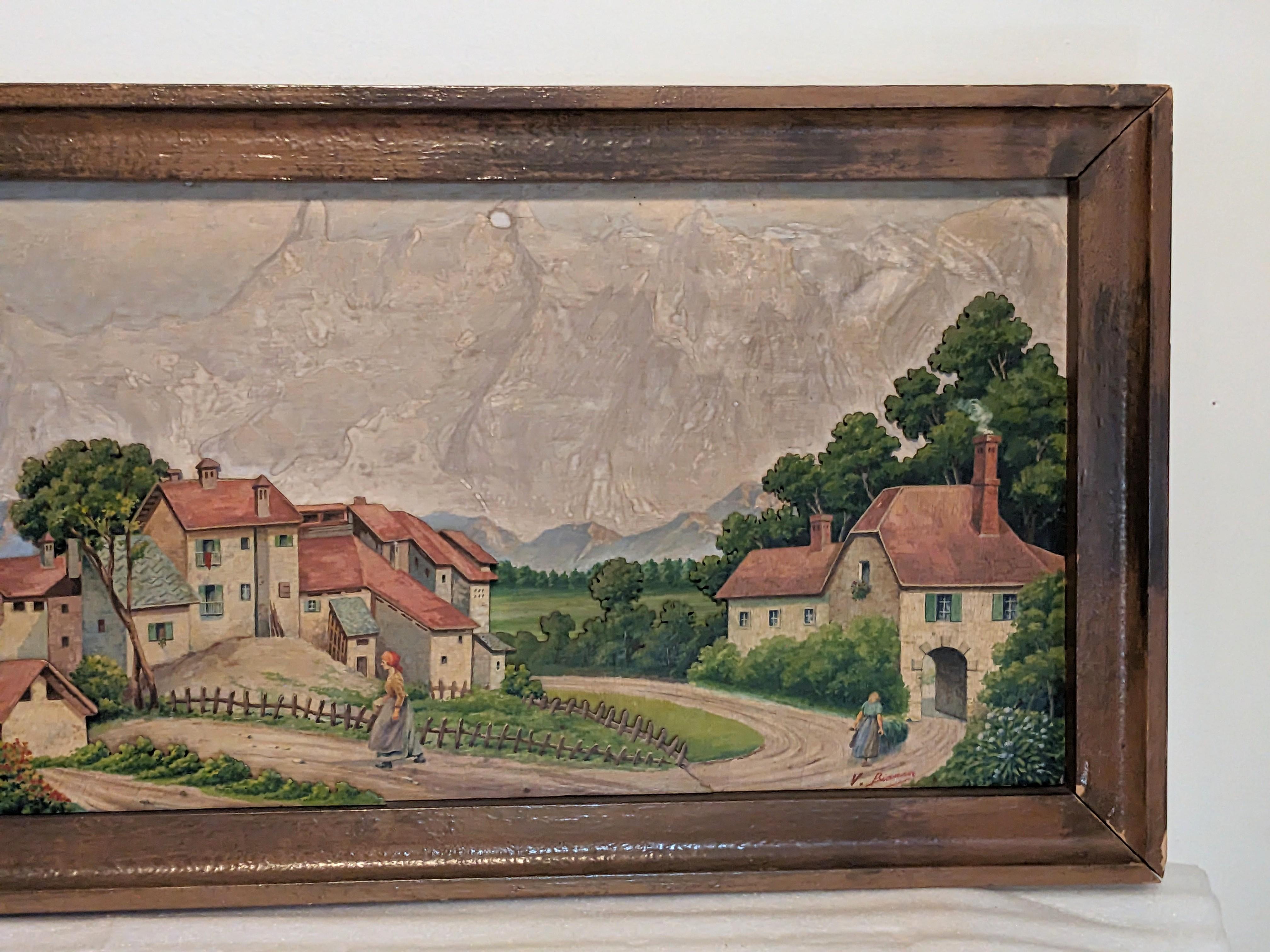 Charming Watercolor Village Scene In Good Condition For Sale In Riverdale, NY
