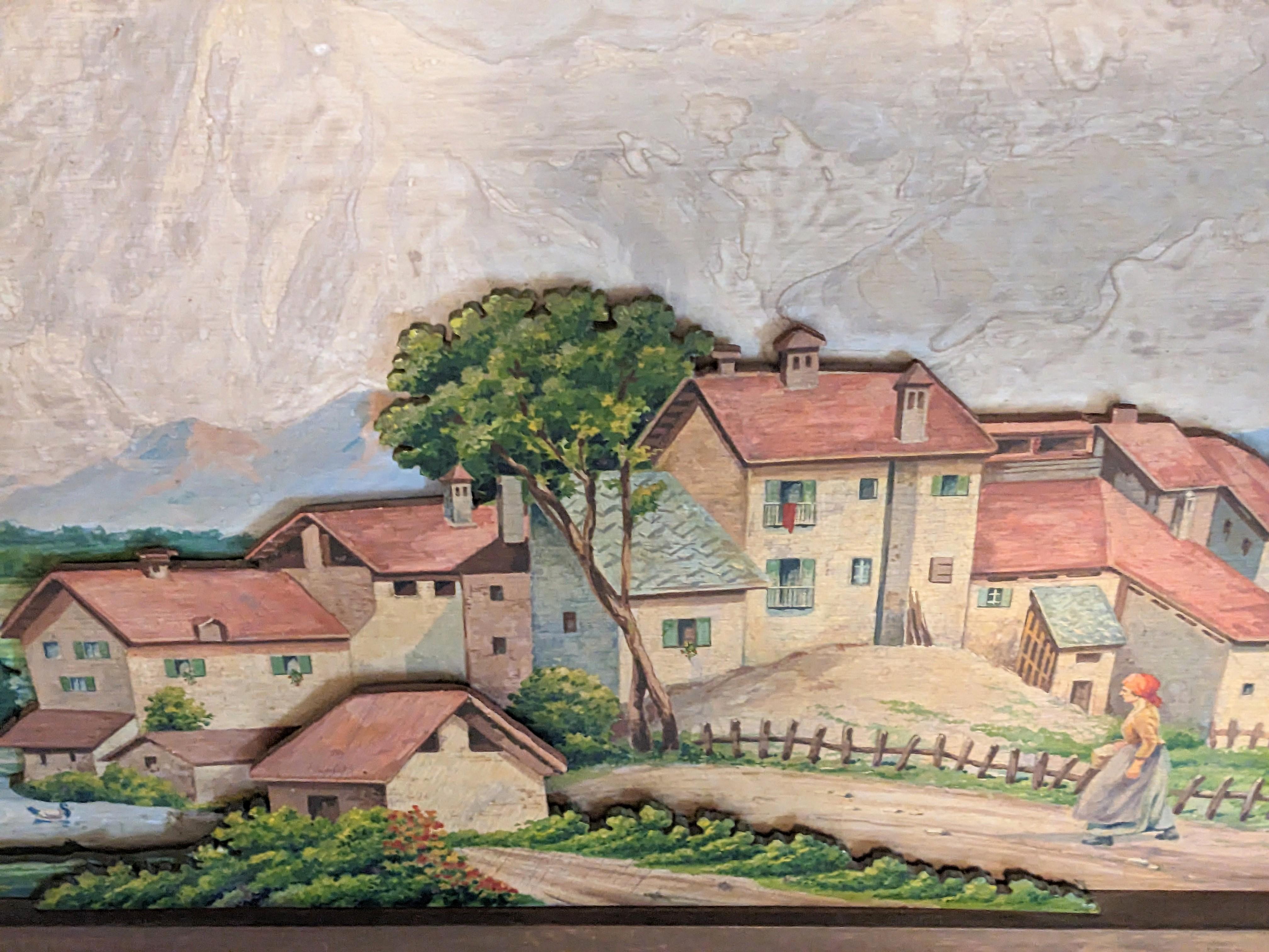 Mid-20th Century Charming Watercolor Village Scene For Sale