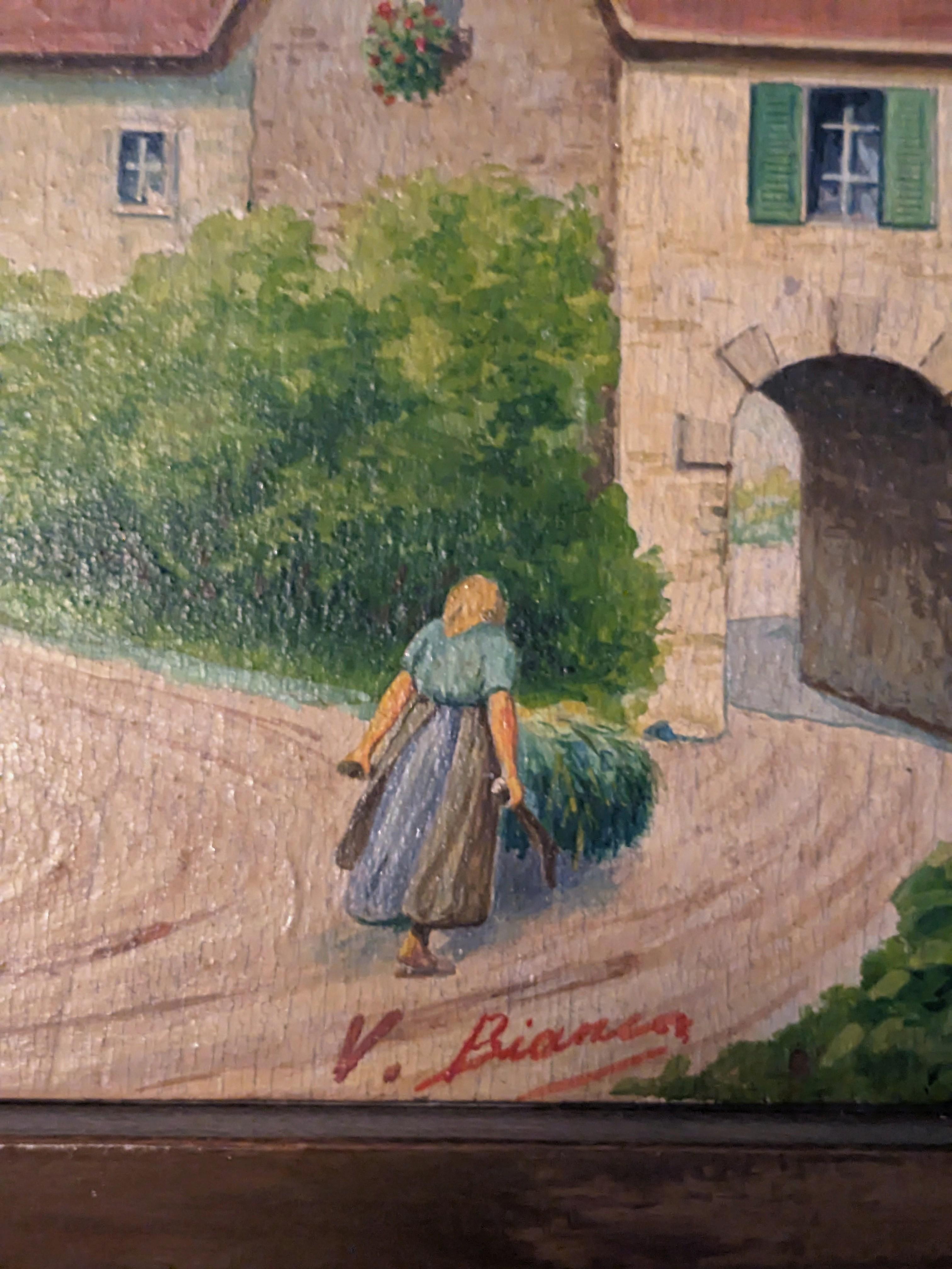 Wood Charming Watercolor Village Scene For Sale