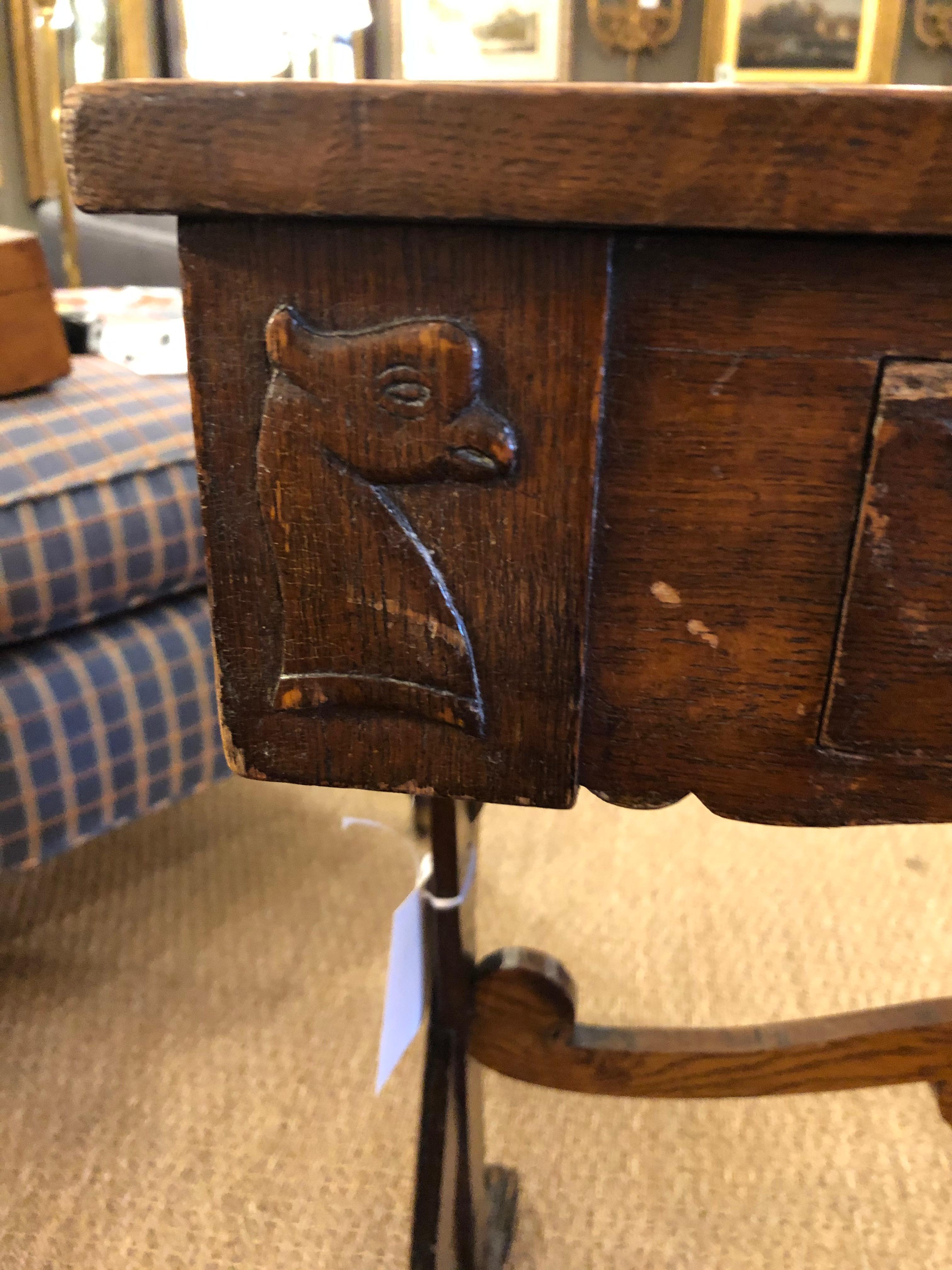Charming Weathered Antique English Carved Oak End Table with Crown 2