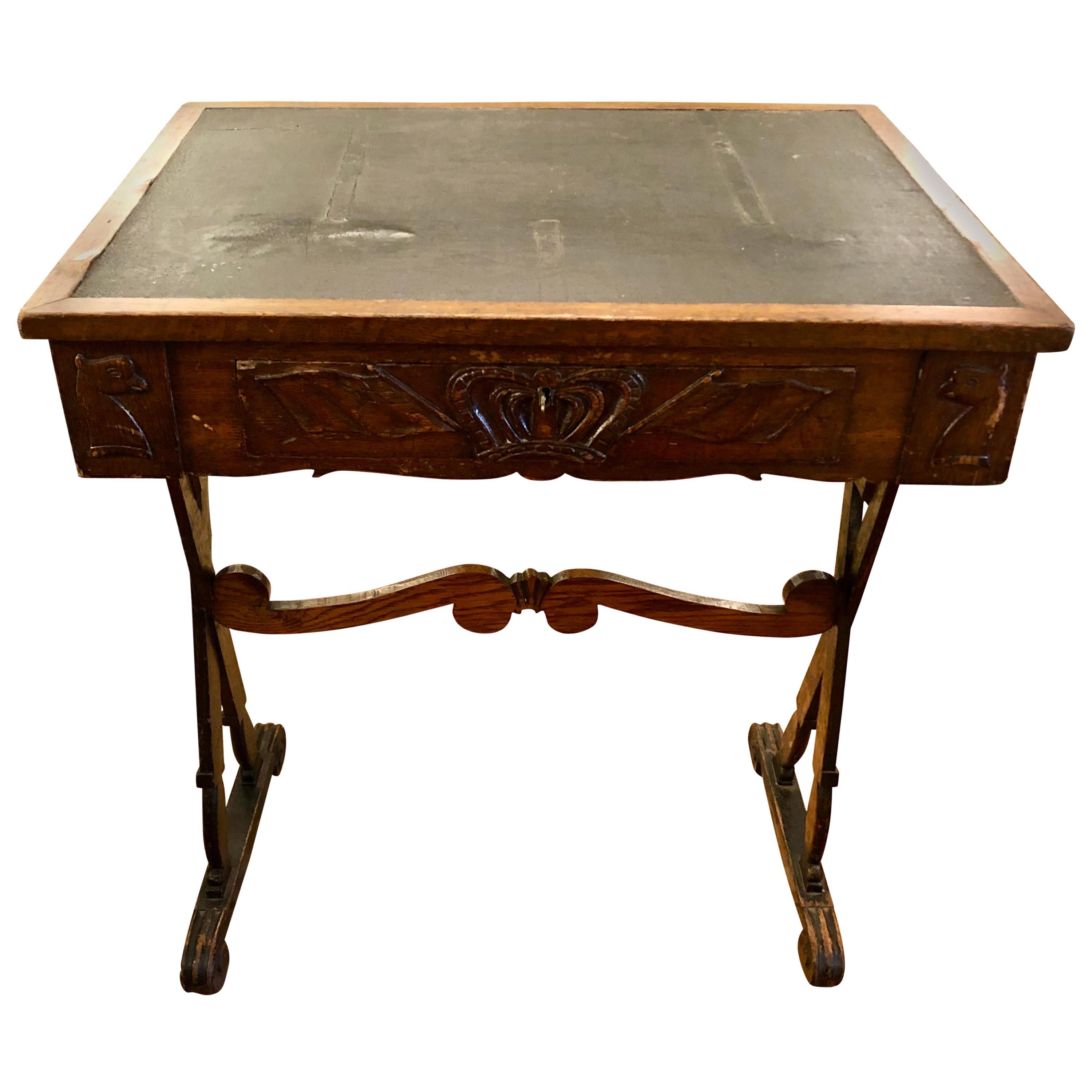 Charming Weathered Antique English Carved Oak End Table with Crown