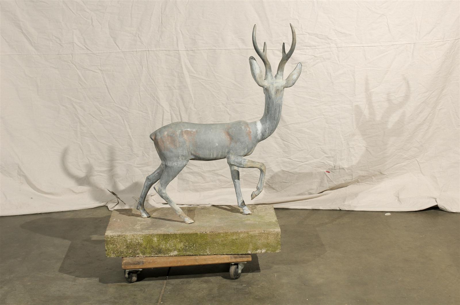 20th Century Charming Zinc Deer on Cast Base For Sale