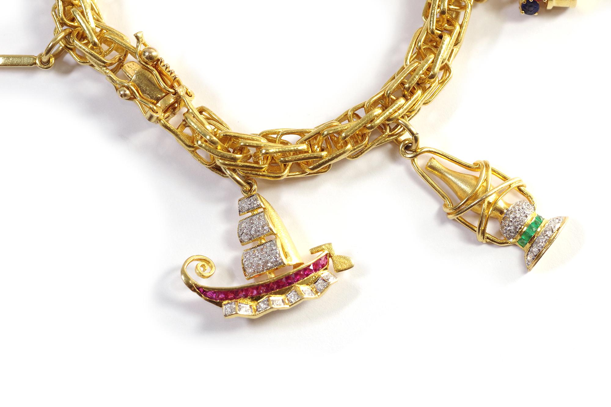 Contemporary Charms bracelet in 18k yellow gold, ship, lantern, flower, dancer