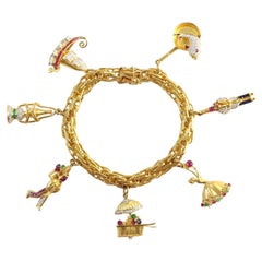 Pulsera Charms de oro amarillo de 18 quilates, barco, farol, flor, bailarina