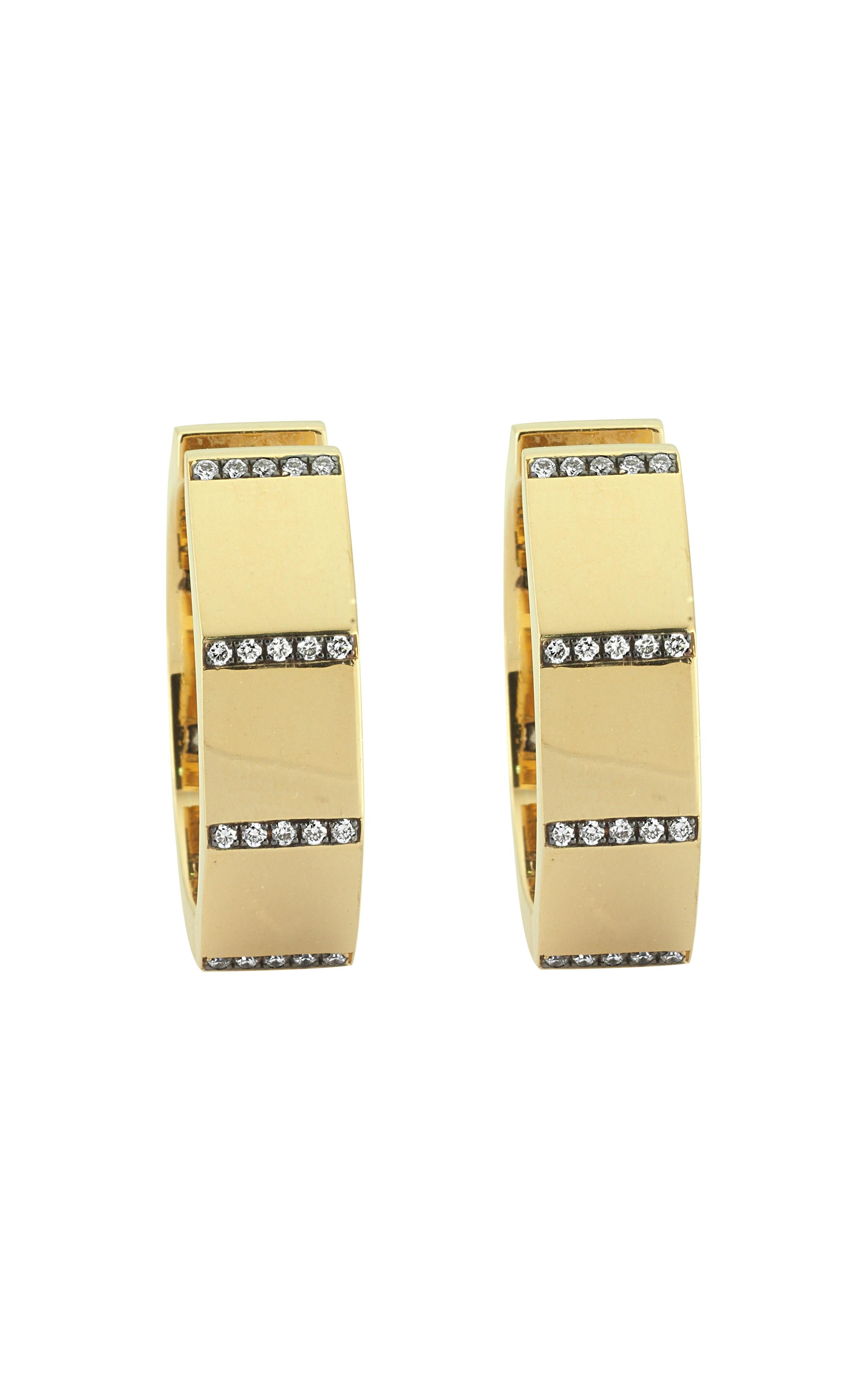 Brilliant Cut Charms Company Geometric 14K Yellow Gold Chunky Hoops with 0.50 Ct Diamonds For Sale