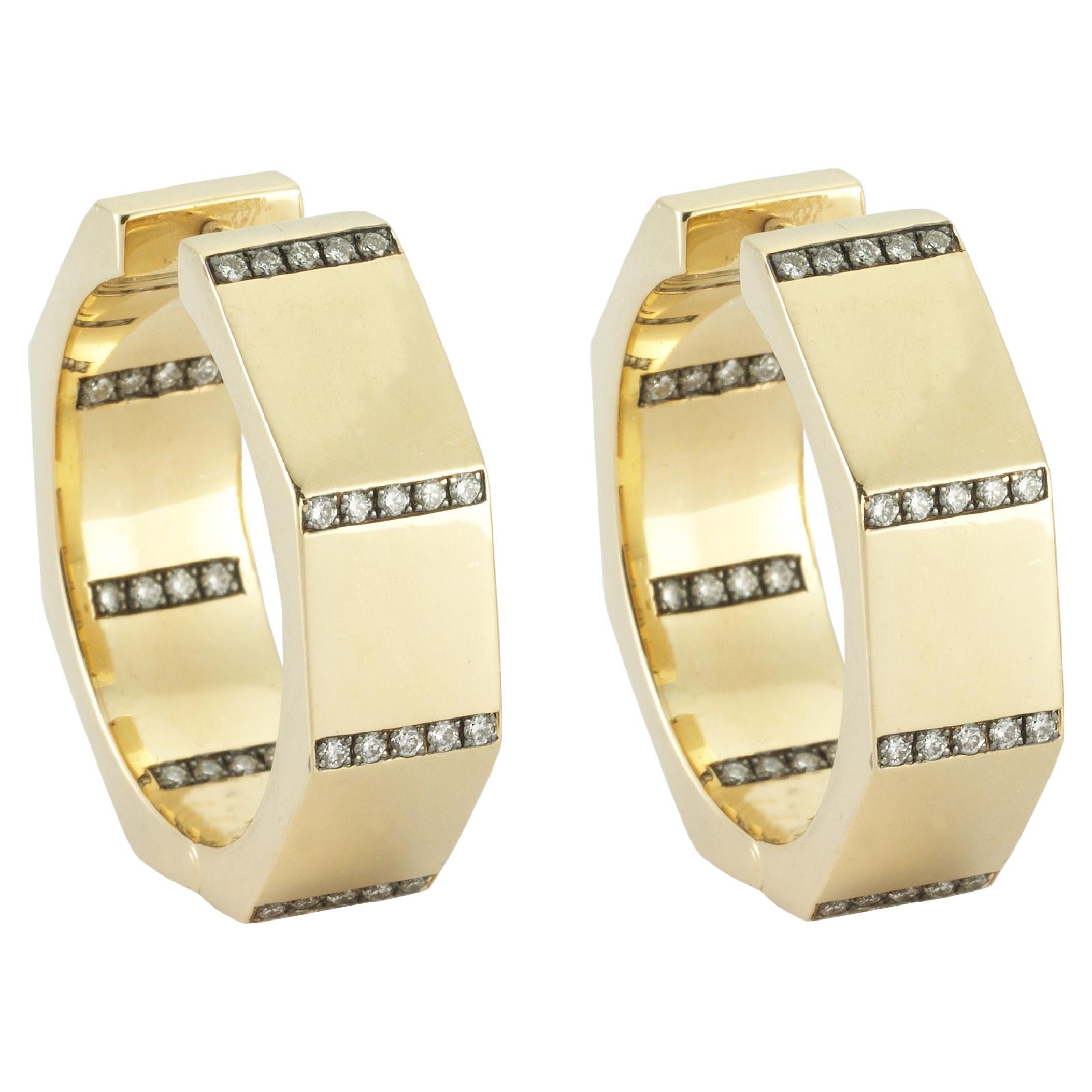 Créoles géométriques épaisses en or jaune 14 carats avec diamants 0,50 carat, Charms Company en vente