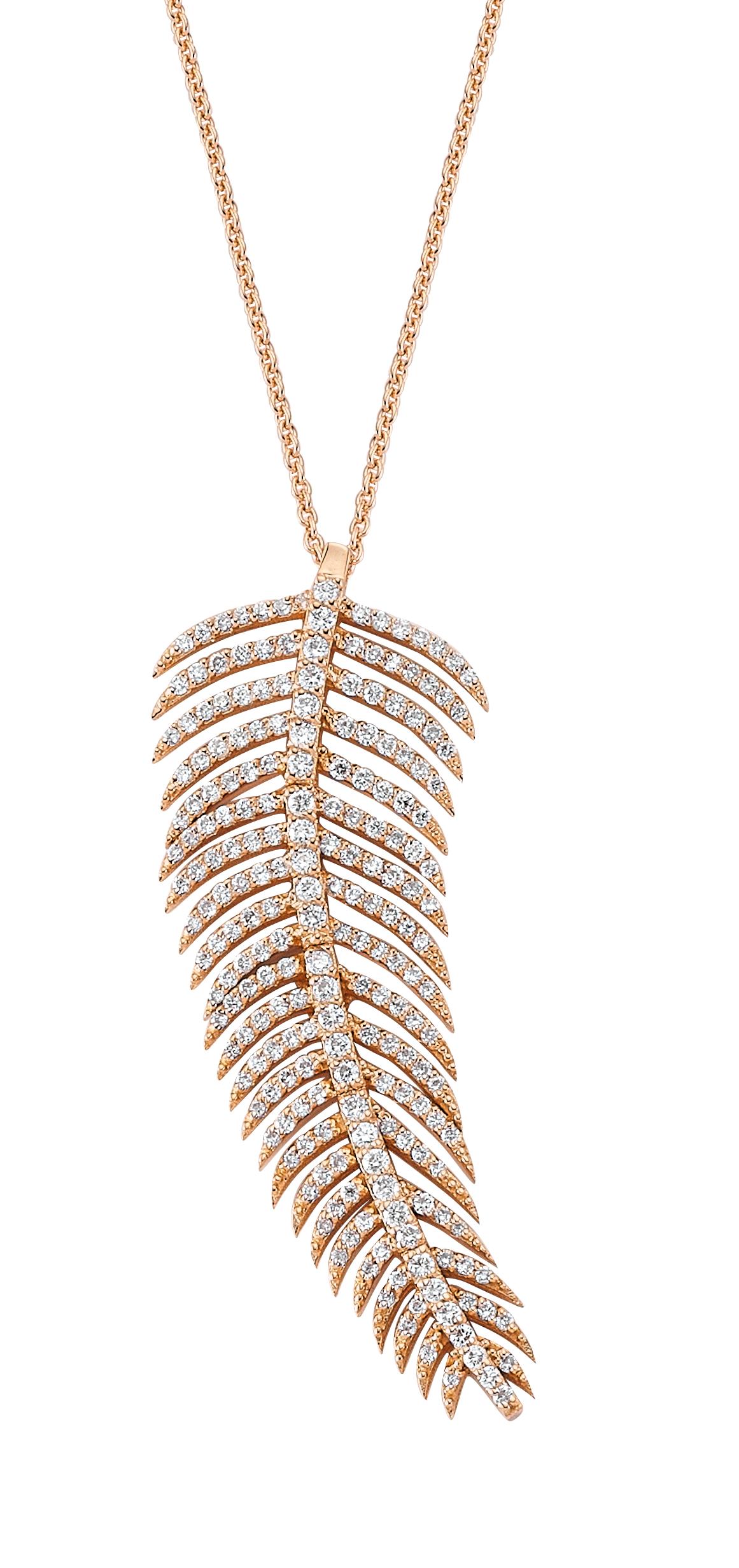 Taille brillant Collier de plumes de taille moyenne Charms Company en or rose 18 carats avec diamants 1,0 carat en vente