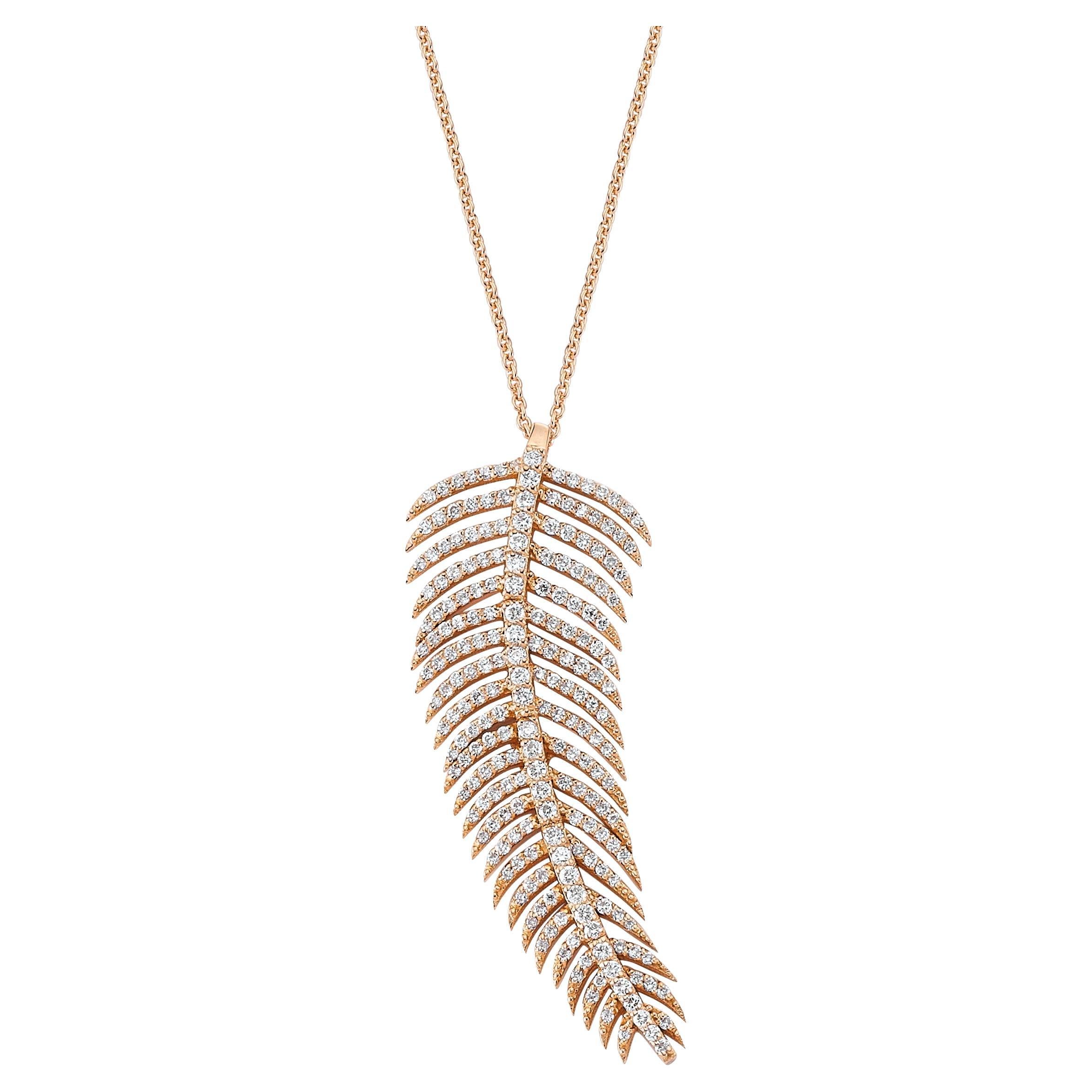 Charms Company Medium Size Feather Necklace in 18k Rose Gold with 1.0 ct Diamond For Sale