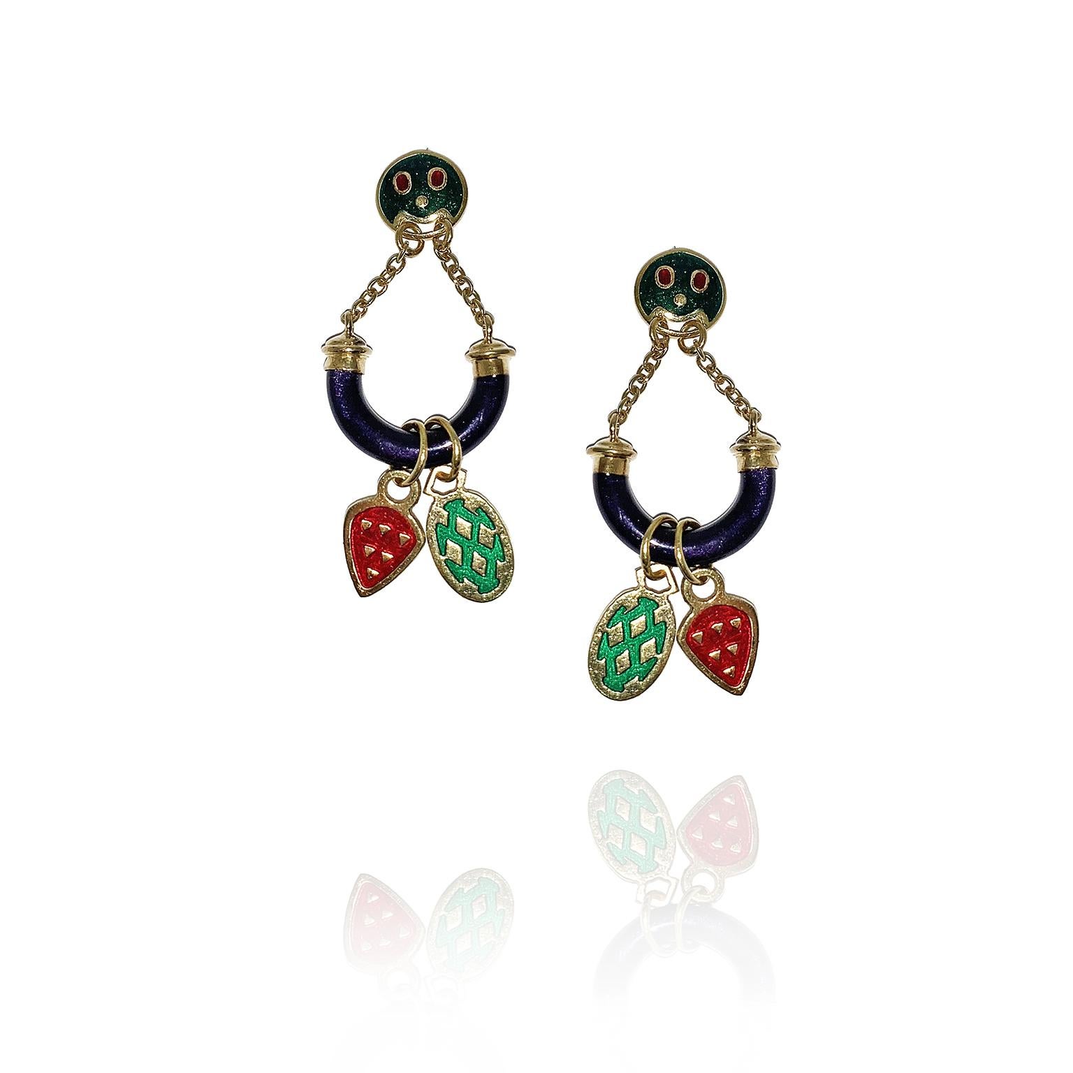 Charms Enameled Earrings in 18 Karat Gold In New Condition In Milano, Lombardia
