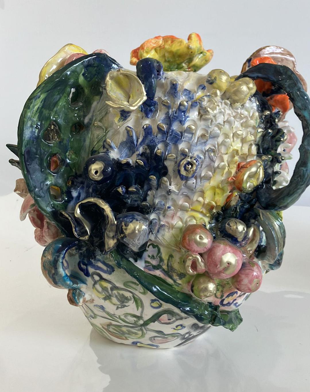 Green twirls flowers. Glazed ceramic abstract jar sculpture - Gray Still-Life Sculpture by Charo Oquet