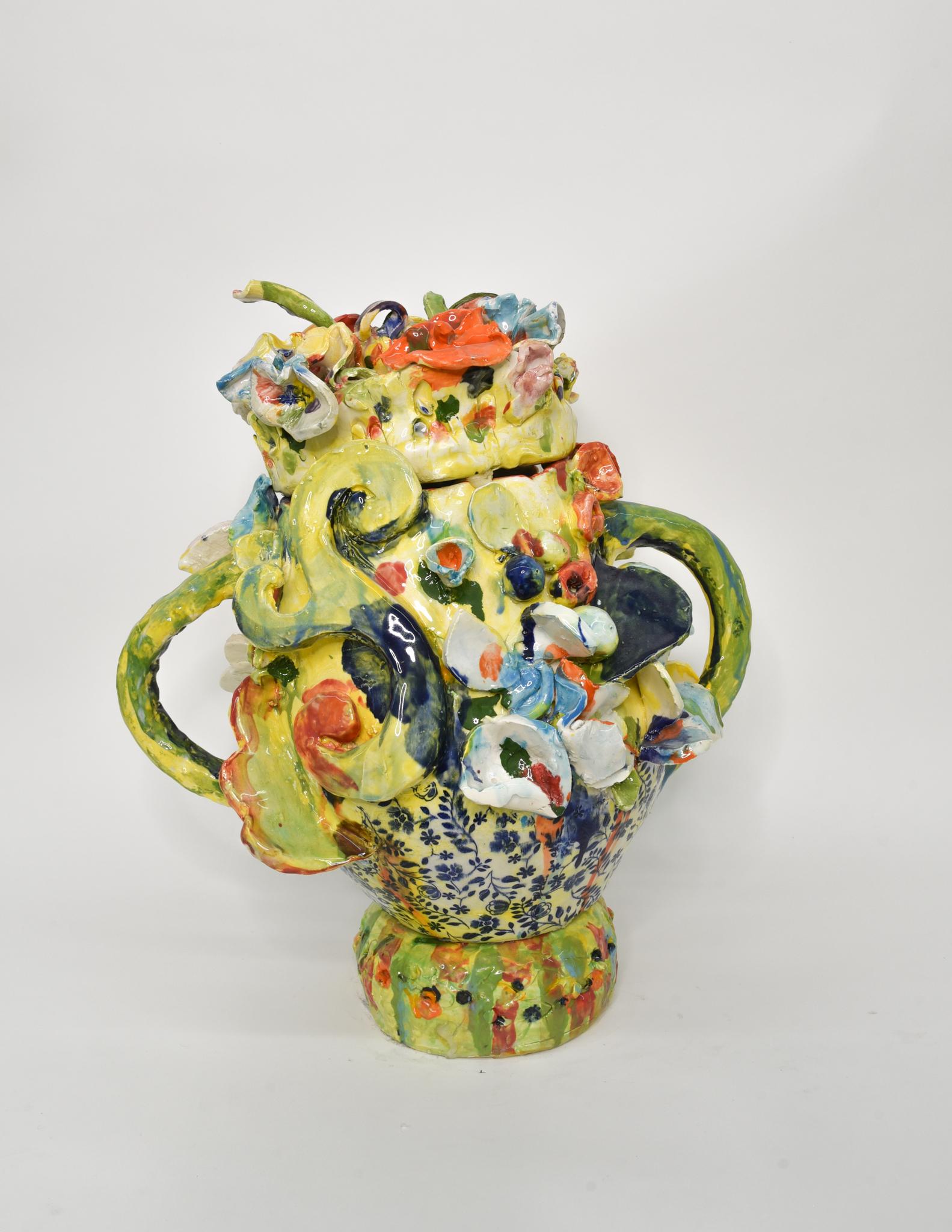 Charo Oquet Still-Life Sculpture - Yellow Flowers. Glazed ceramic abstract jar sculpture