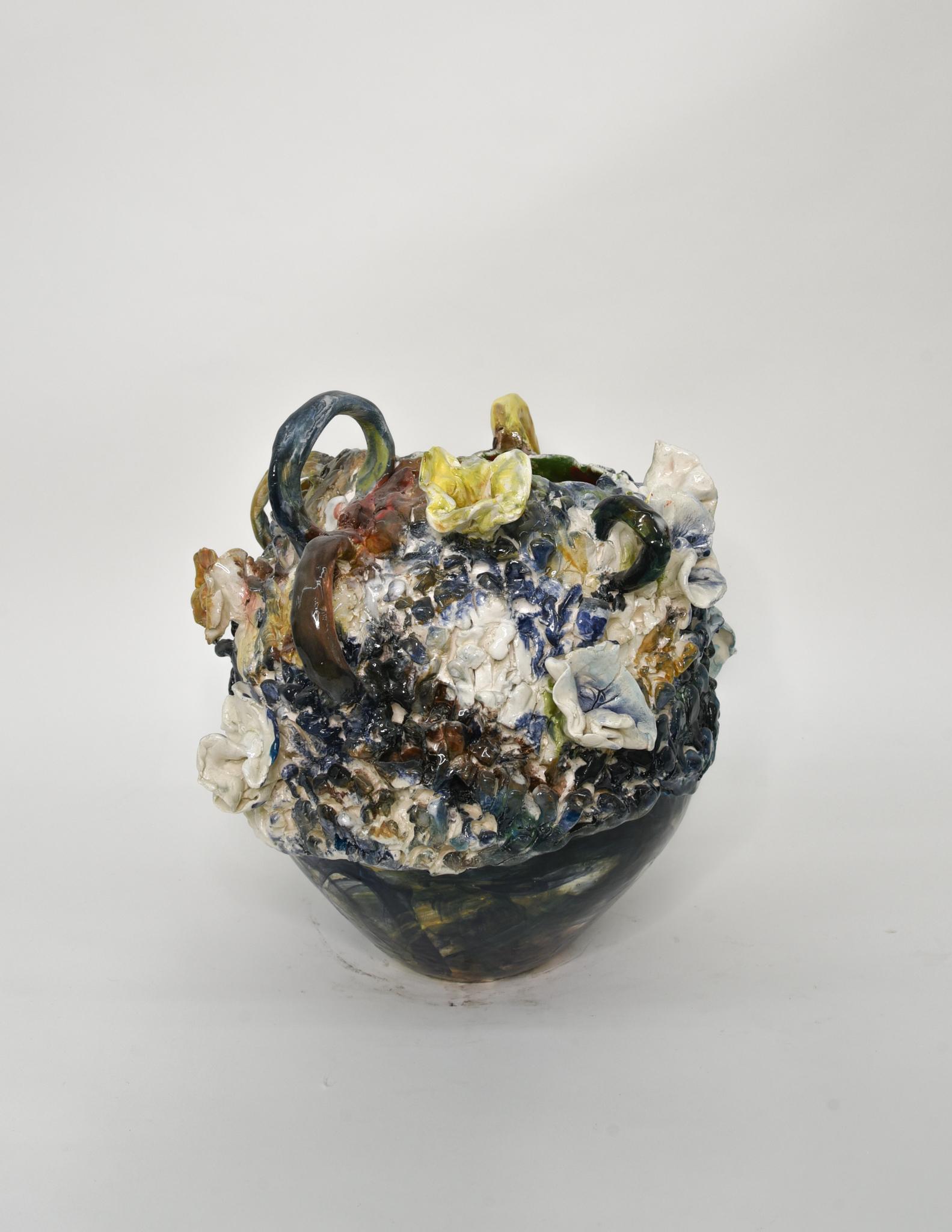 Blue and Yellow. Glazed ceramic abstract jar sculpture - Abstract Sculpture by Charo Oquet