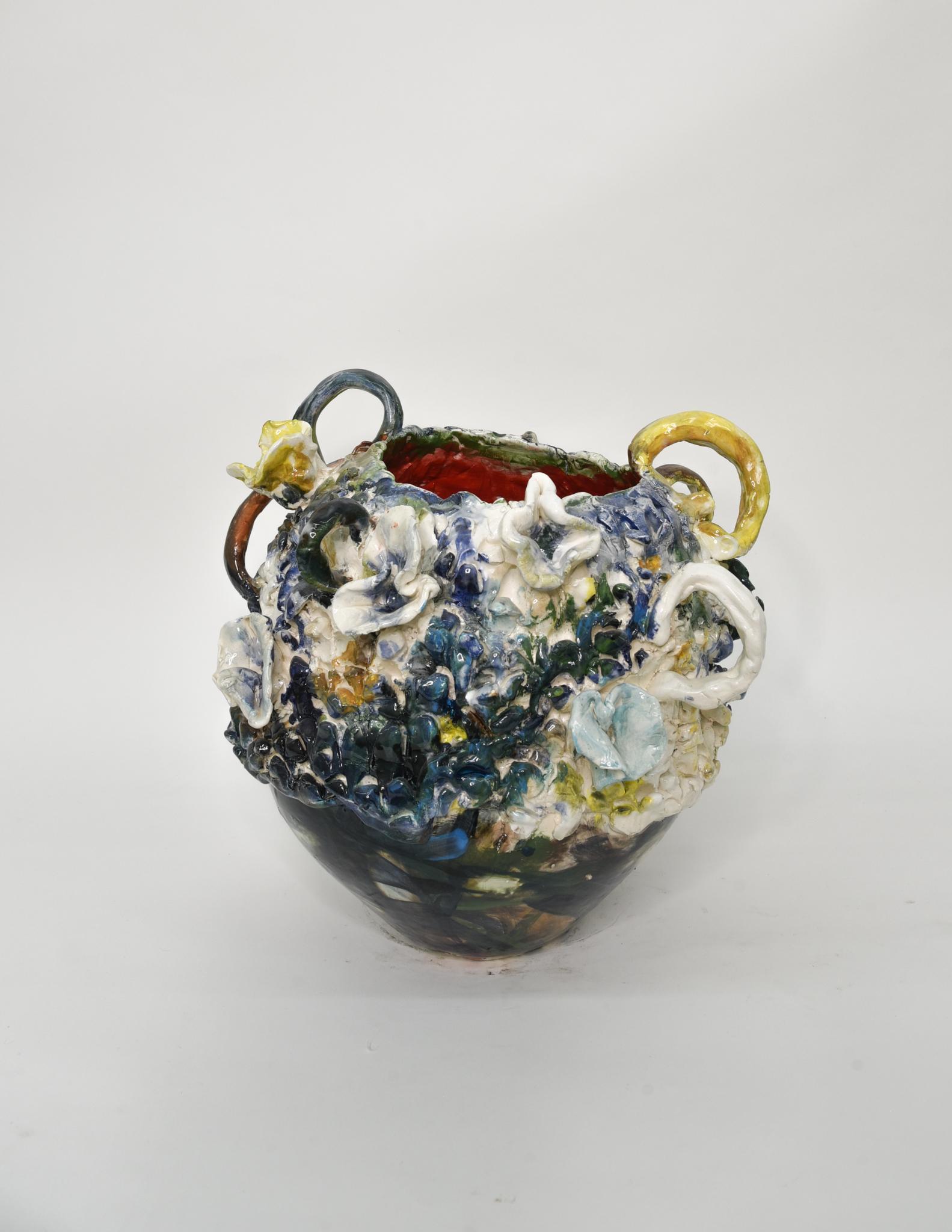 Charo Oquet Still-Life Sculpture - Blue and Yellow. Glazed ceramic abstract jar sculpture