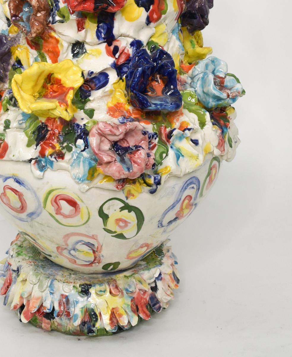 Colored flowers. Glazed ceramic sculpture - Abstract Sculpture by Charo Oquet