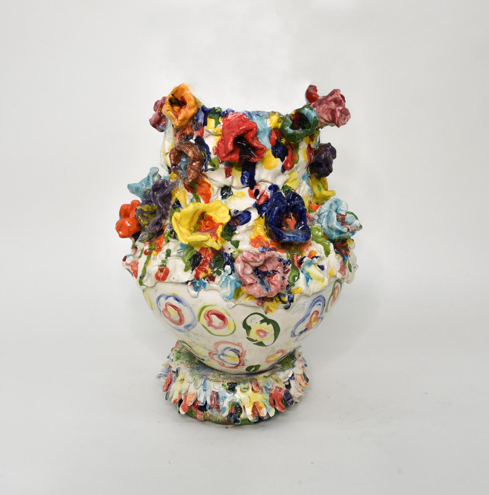 Charo Oquet Still-Life Sculpture - Colored flowers. Glazed ceramic sculpture