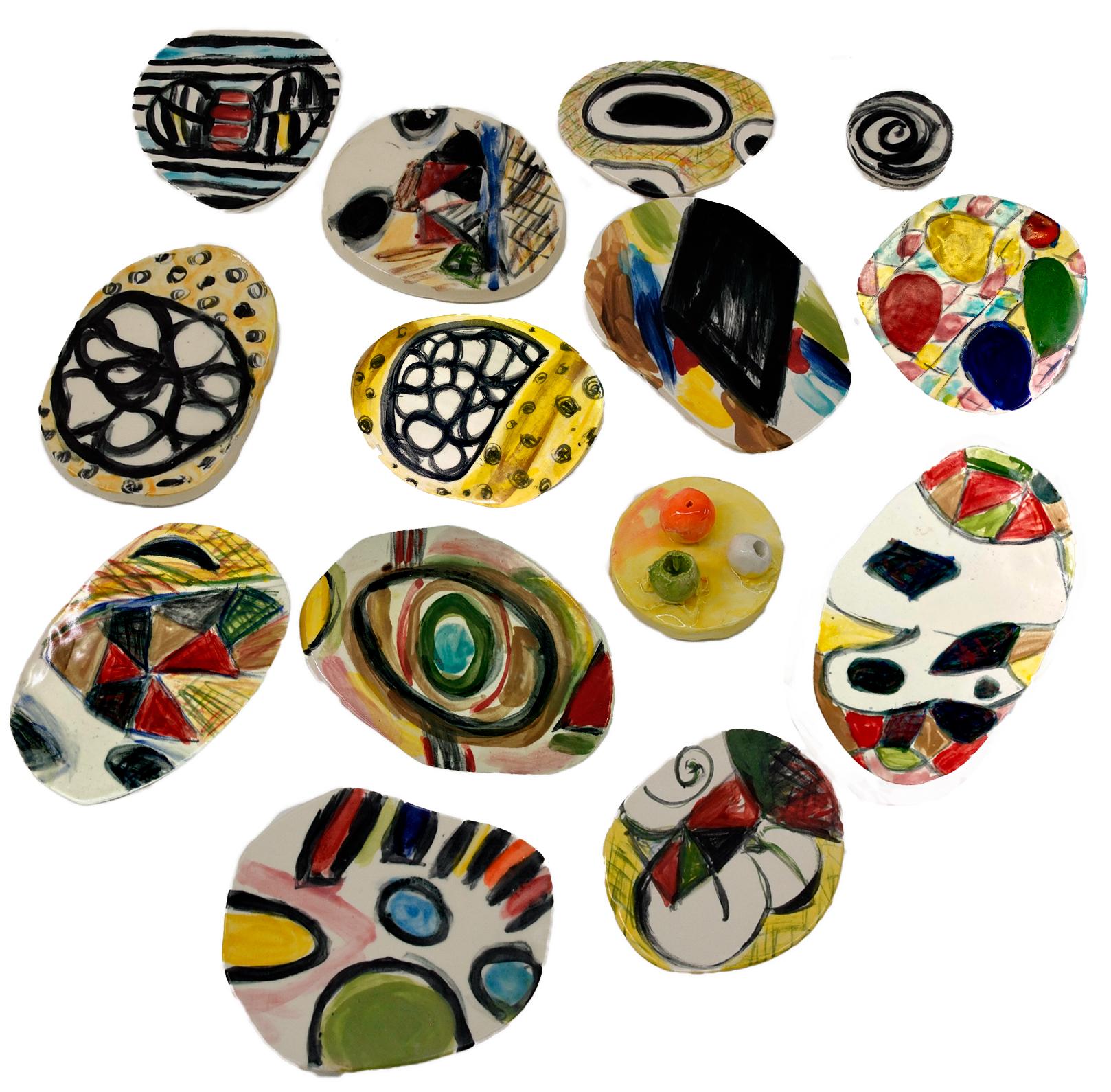 Charo Oquet Still-Life Sculpture - Wall abstract sculpture Untitled XXIV. Set of 14 Glazed Ceramic Discs