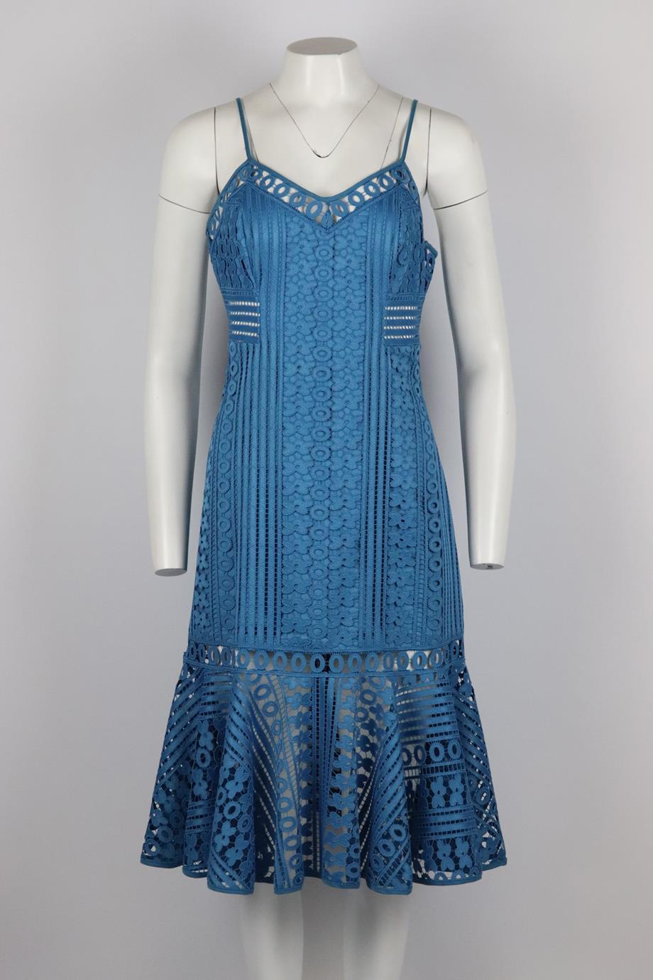 Charo Ruiz broderie anglaise cotton blend midi dress. Blue. Sleeveless, v-neck. Zip fastening at side. Size: Medium (UK 10, US 6, FR 38, IT 42). Bust: 32 in. Waist: 30 in. Hips: 42 in. Length: 39 in. New with tags